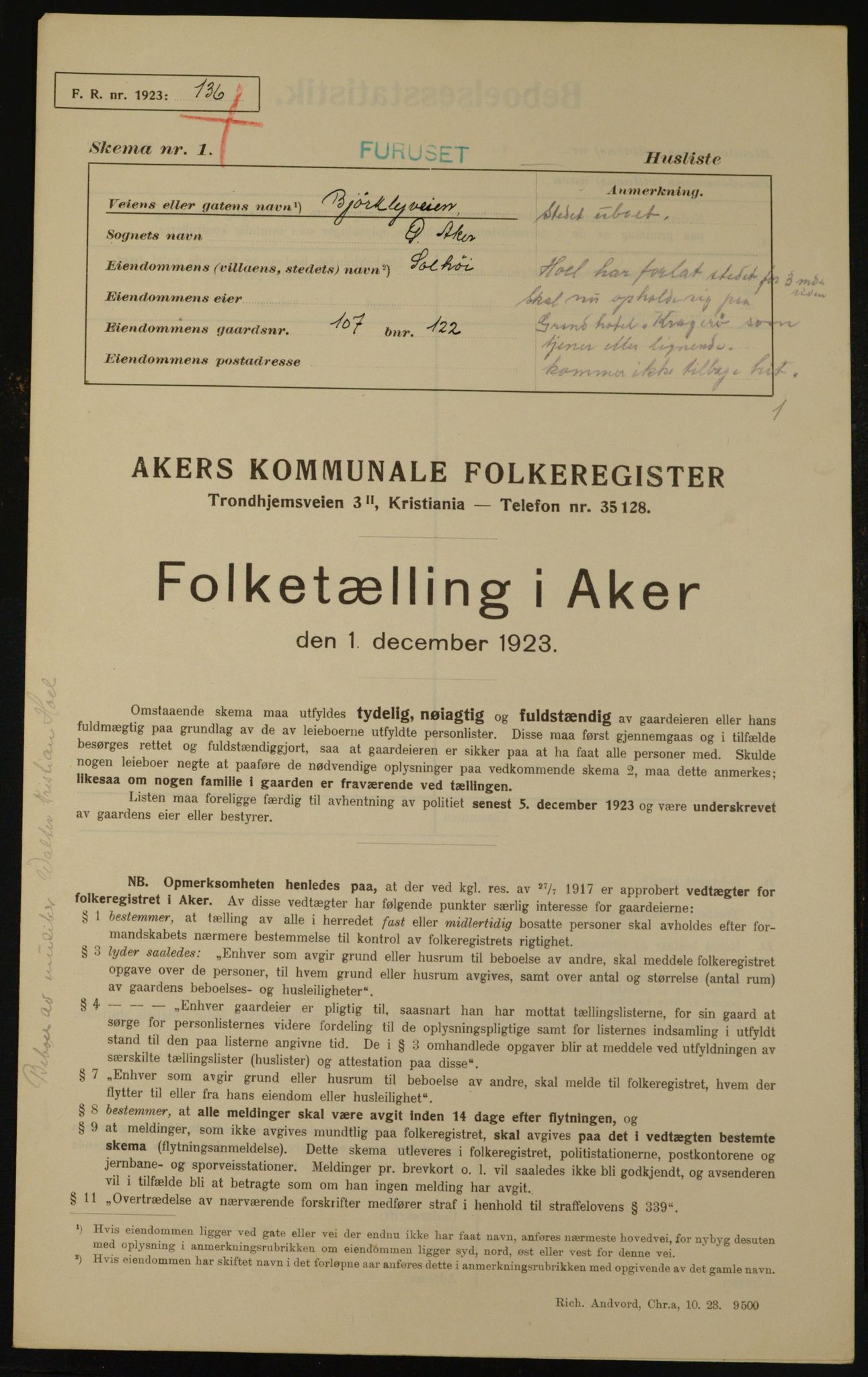 , Municipal Census 1923 for Aker, 1923, p. 23051