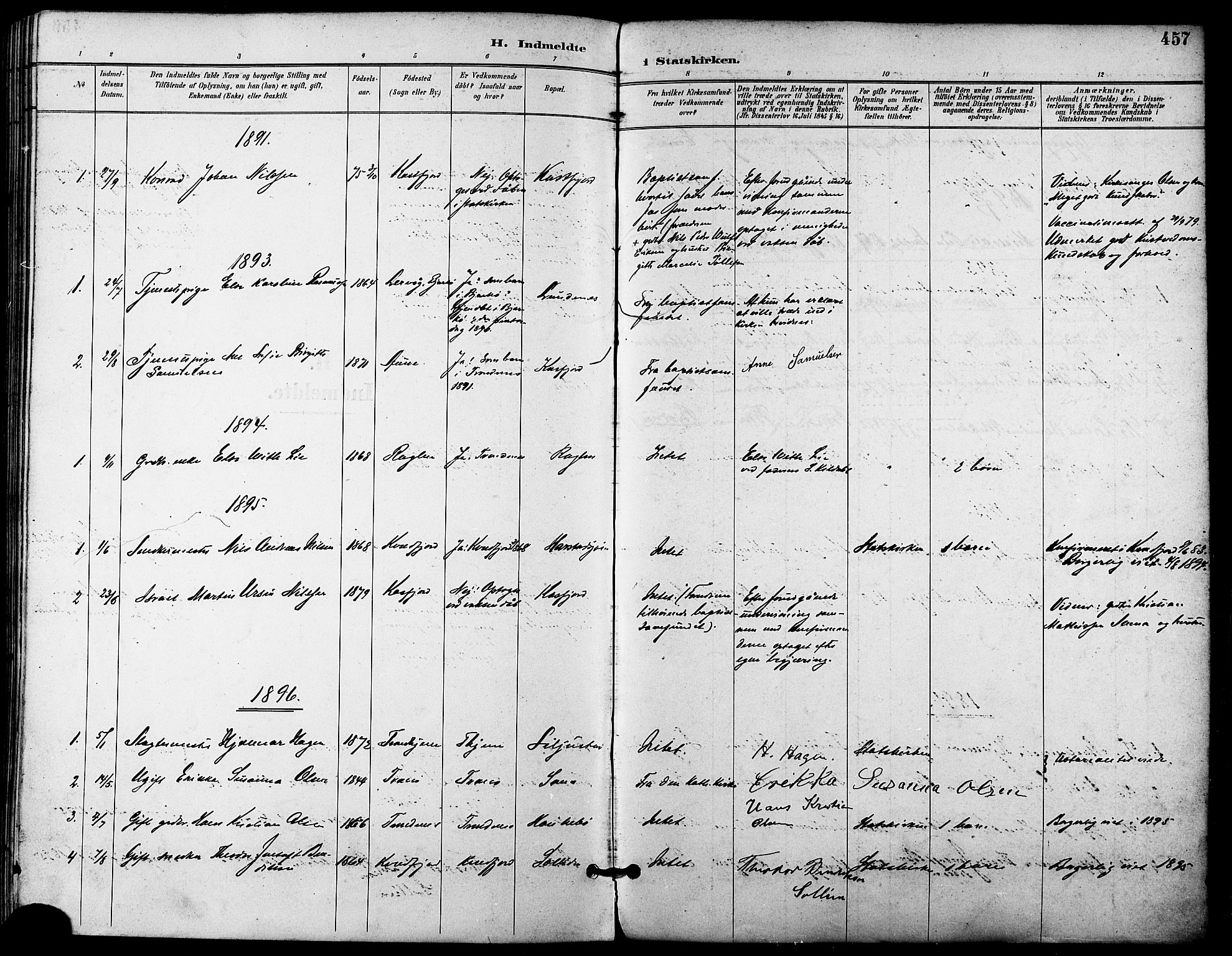 Trondenes sokneprestkontor, AV/SATØ-S-1319/H/Ha/L0016kirke: Parish register (official) no. 16, 1890-1898, p. 457