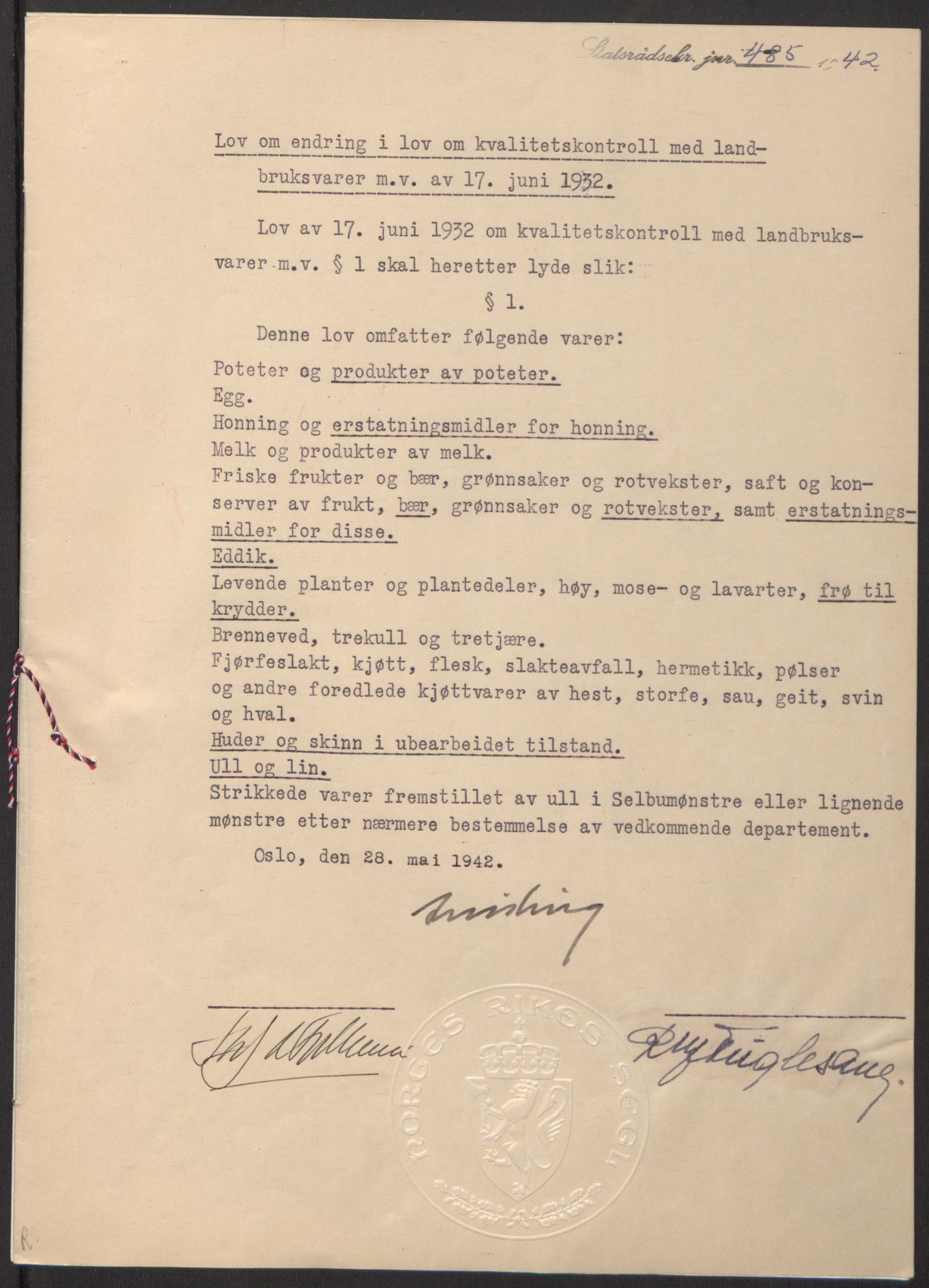 NS-administrasjonen 1940-1945 (Statsrådsekretariatet, de kommisariske statsråder mm), RA/S-4279/D/Db/L0097: Lover I, 1942, p. 353