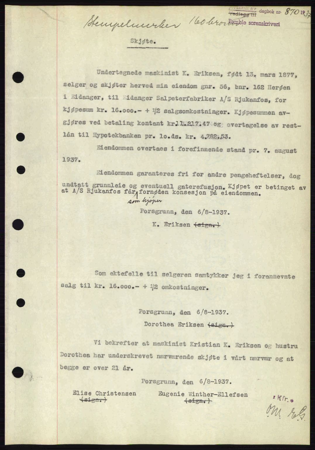 Bamble sorenskriveri, AV/SAKO-A-214/G/Ga/Gag/L0002: Mortgage book no. A-2, 1937-1938, Diary no: : 860/1937