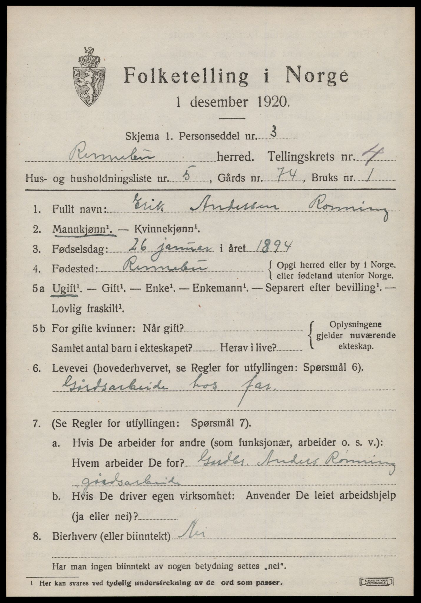 SAT, 1920 census for Rennebu, 1920, p. 2592