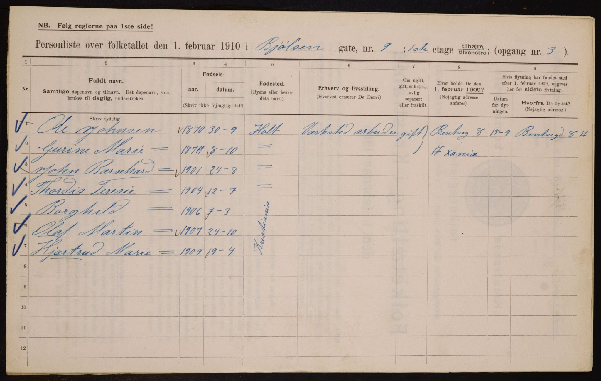 OBA, Municipal Census 1910 for Kristiania, 1910, p. 6272