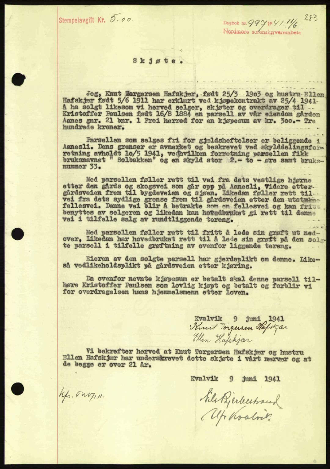 Nordmøre sorenskriveri, SAT/A-4132/1/2/2Ca: Mortgage book no. A90, 1941-1941, Diary no: : 997/1941