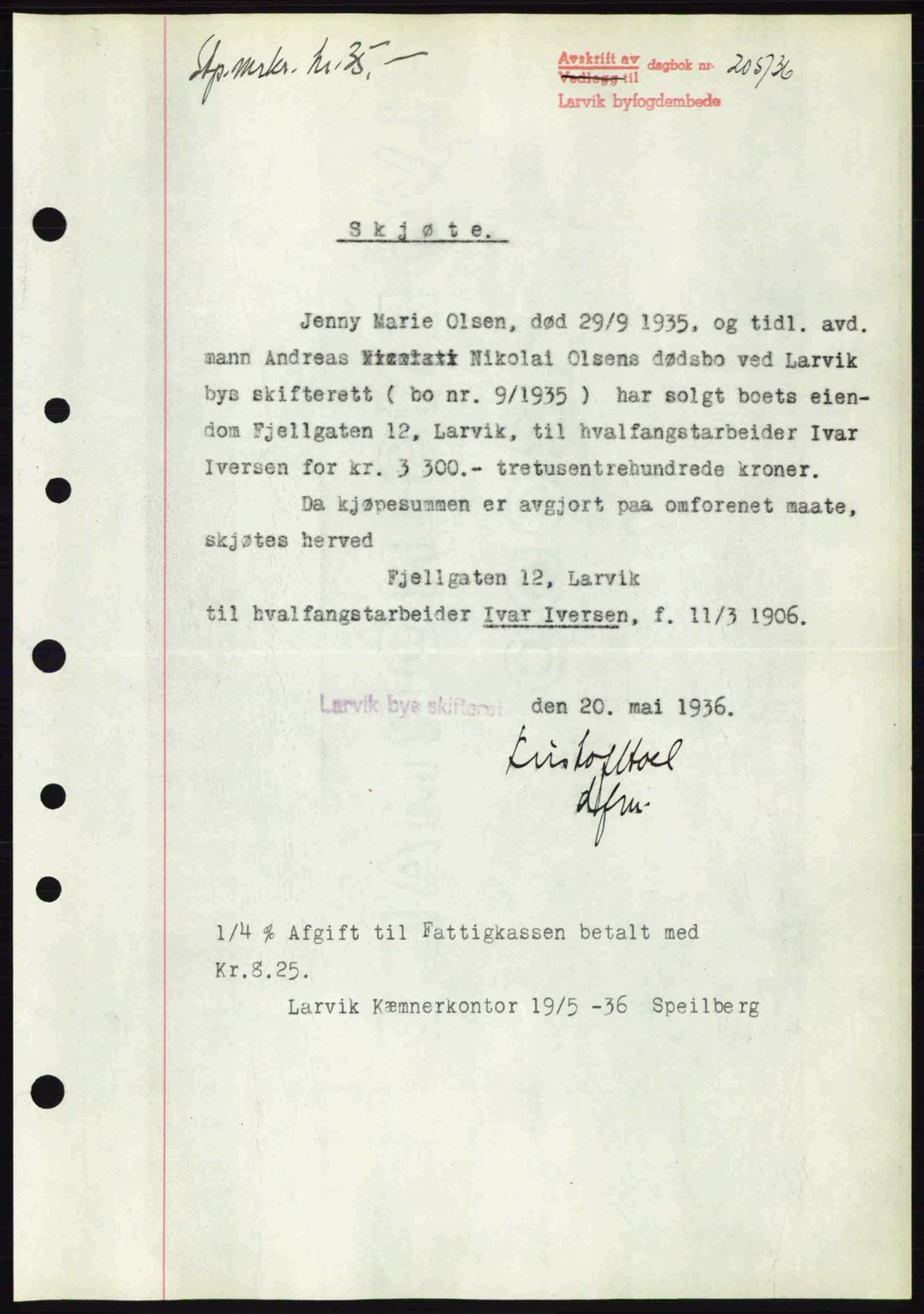 Larvik sorenskriveri, SAKO/A-83/G/Ga/Gab/L0067: Mortgage book no. A-1, 1936-1937, Diary no: : 205/1936