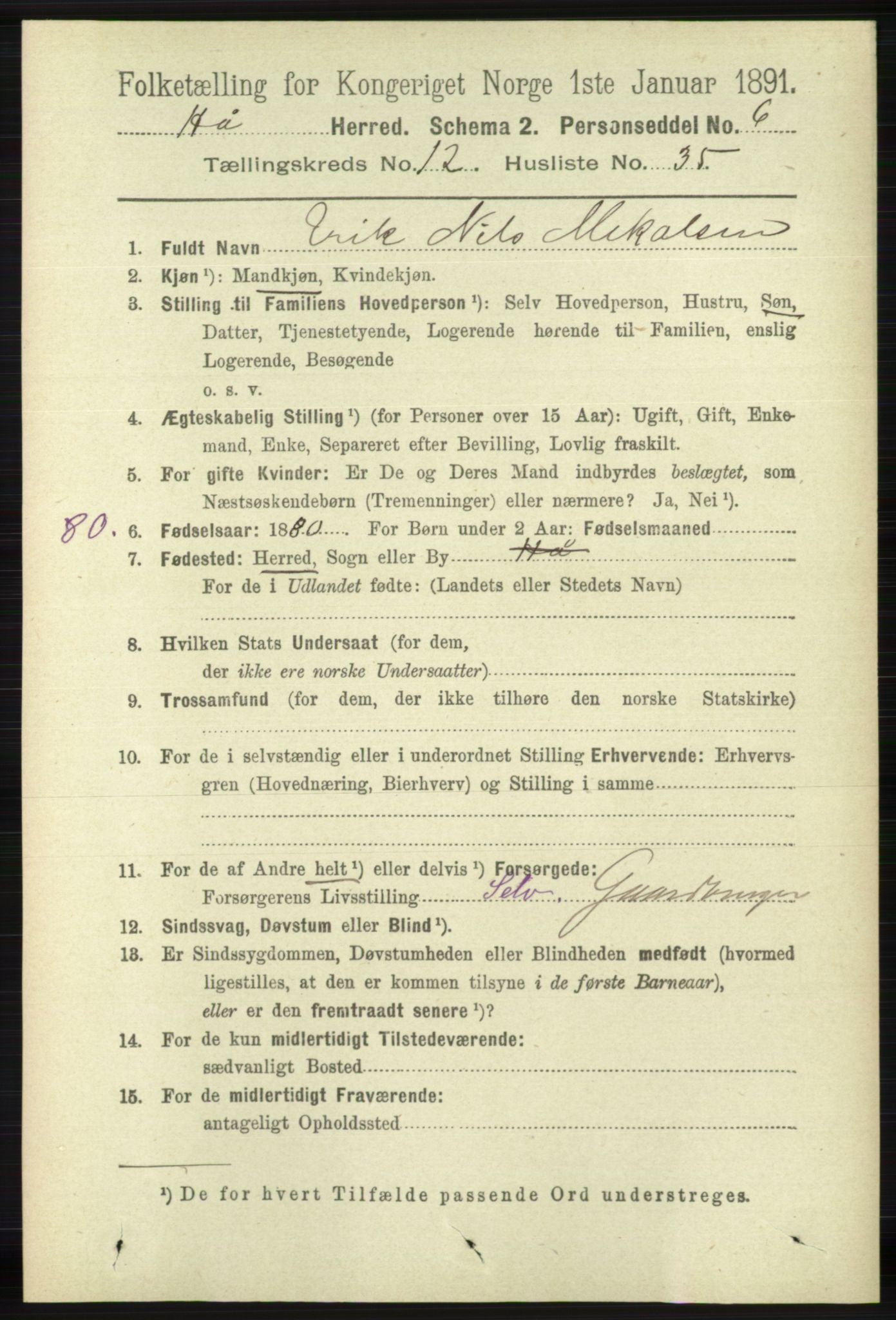 RA, 1891 census for 1119 Hå, 1891, p. 3103