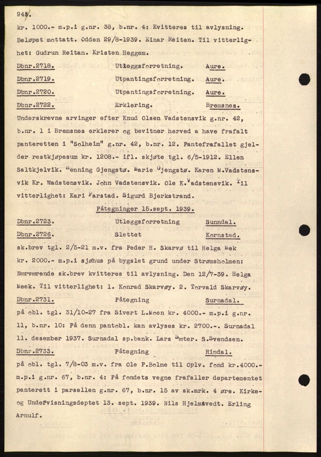 Nordmøre sorenskriveri, AV/SAT-A-4132/1/2/2Ca: Mortgage book no. C80, 1936-1939, Diary no: : 2718/1939