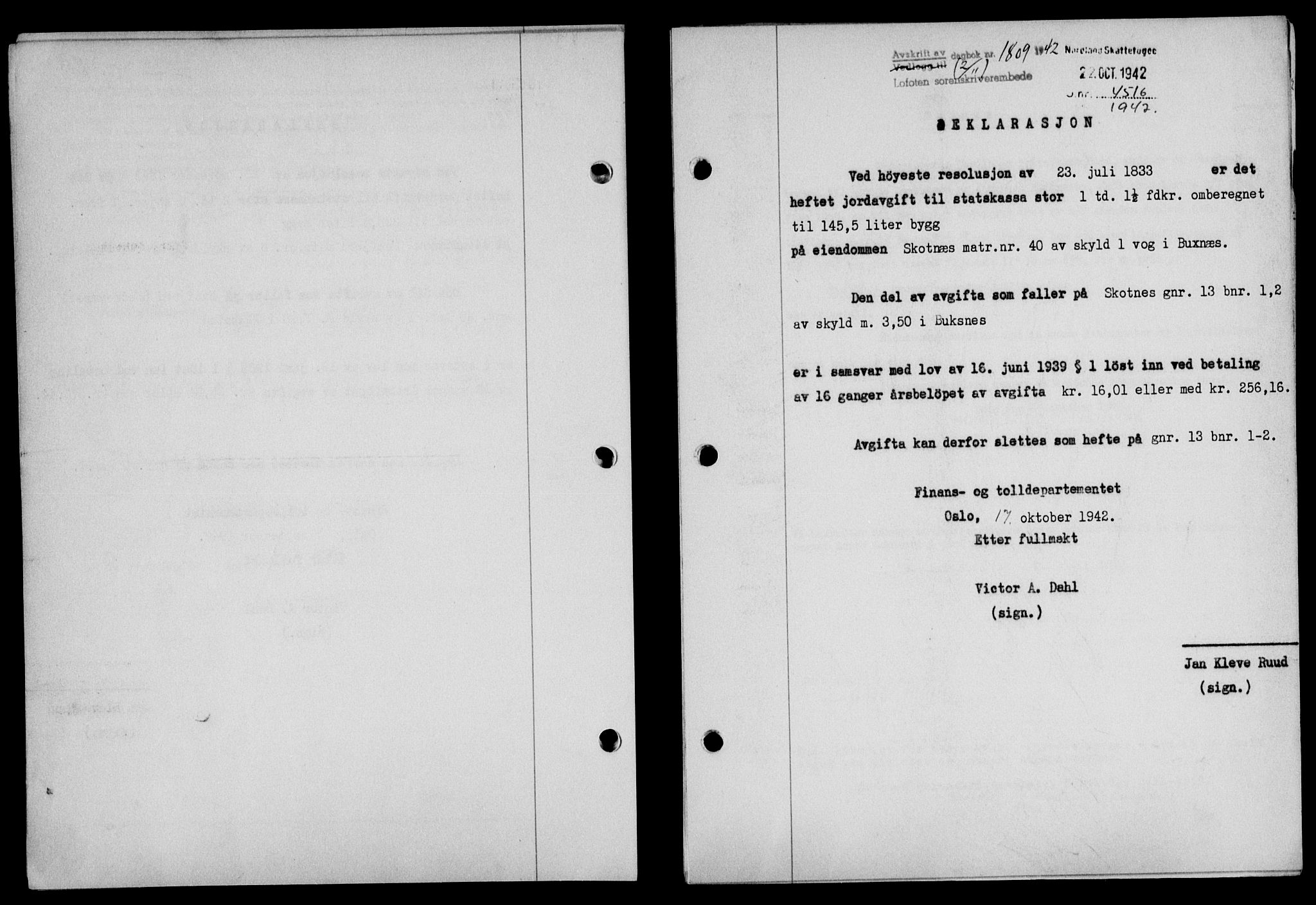 Lofoten sorenskriveri, SAT/A-0017/1/2/2C/L0010a: Mortgage book no. 10a, 1942-1943, Diary no: : 1809/1942