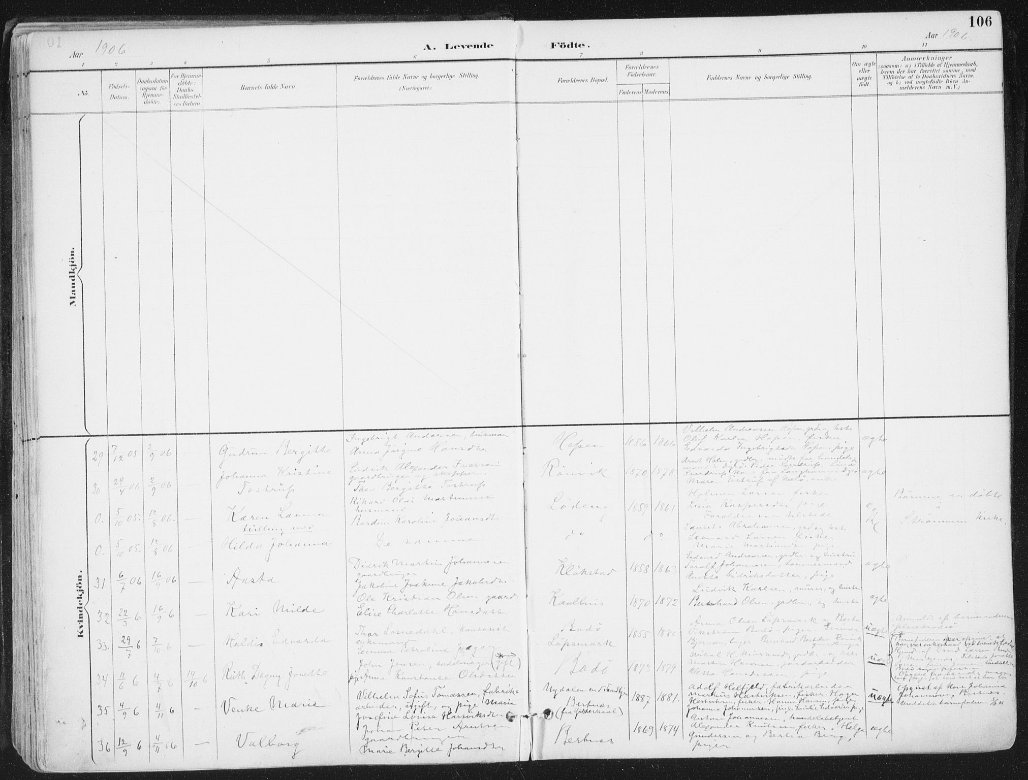 Ministerialprotokoller, klokkerbøker og fødselsregistre - Nordland, SAT/A-1459/802/L0055: Parish register (official) no. 802A02, 1894-1915, p. 106