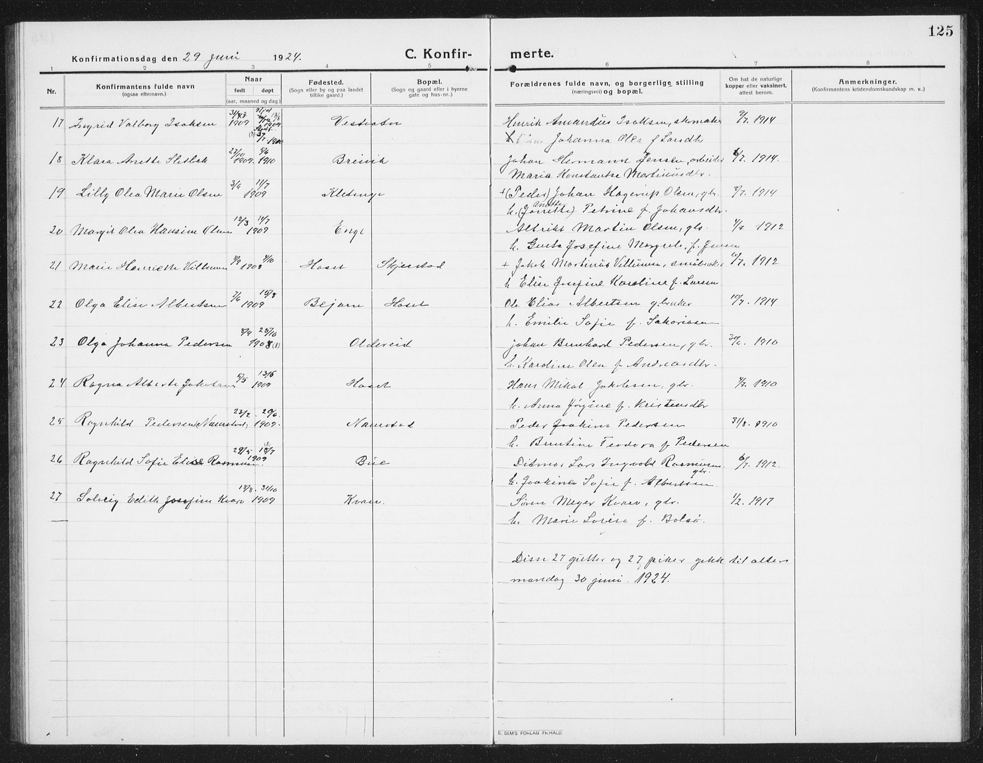 Ministerialprotokoller, klokkerbøker og fødselsregistre - Nordland, AV/SAT-A-1459/852/L0757: Parish register (copy) no. 852C08, 1916-1934, p. 125