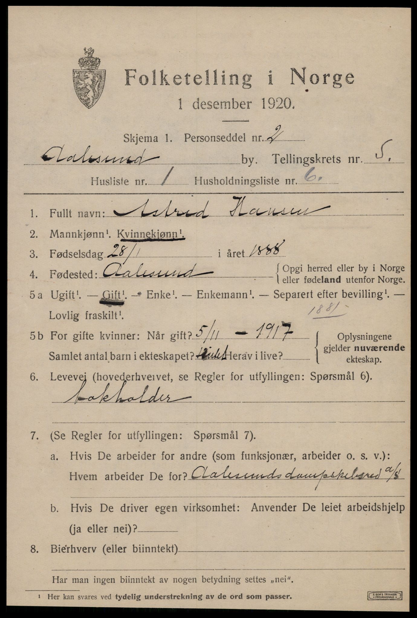 SAT, 1920 census for Ålesund, 1920, p. 16068