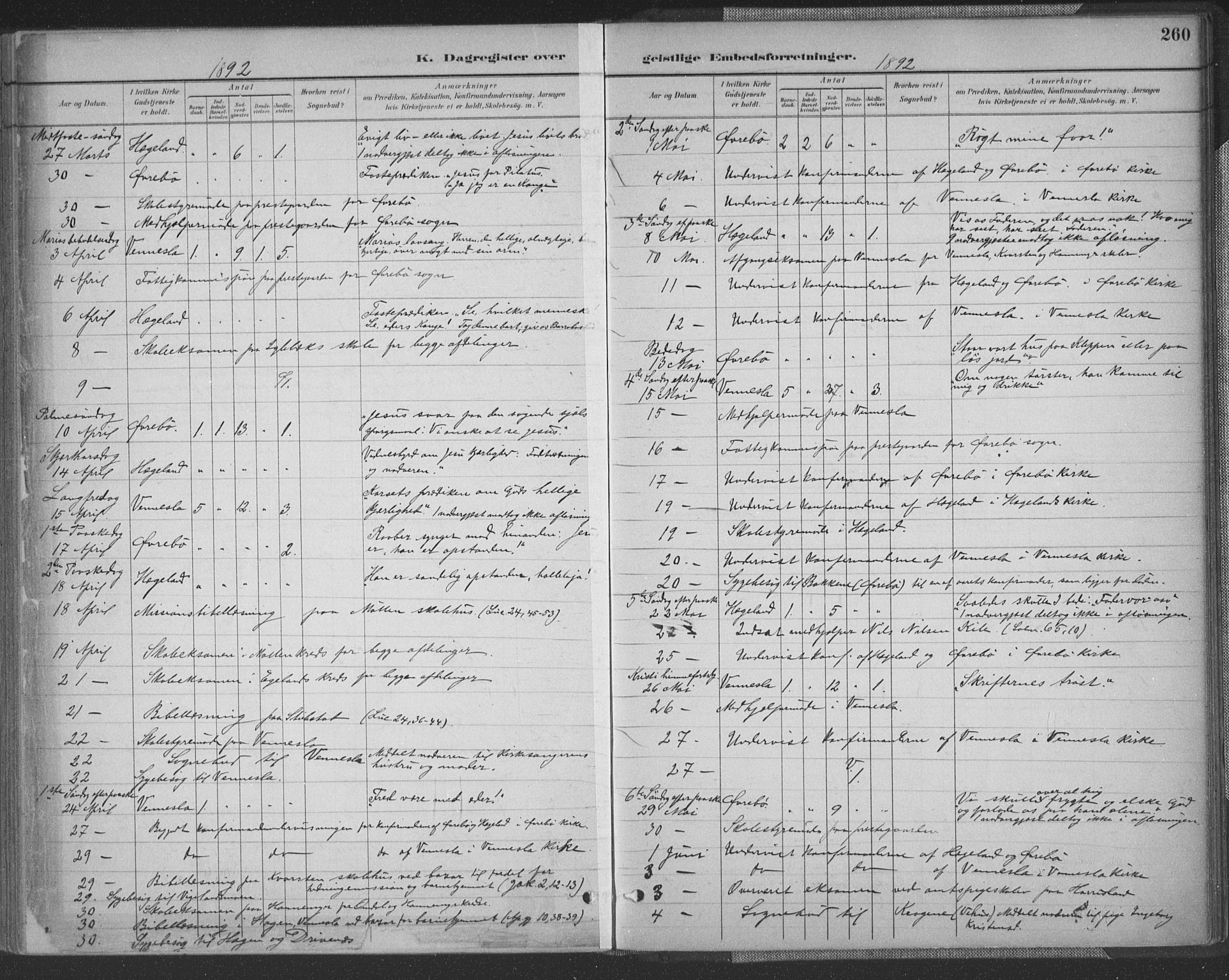 Vennesla sokneprestkontor, AV/SAK-1111-0045/Fa/Fac/L0009: Parish register (official) no. A 9, 1884-1901, p. 260