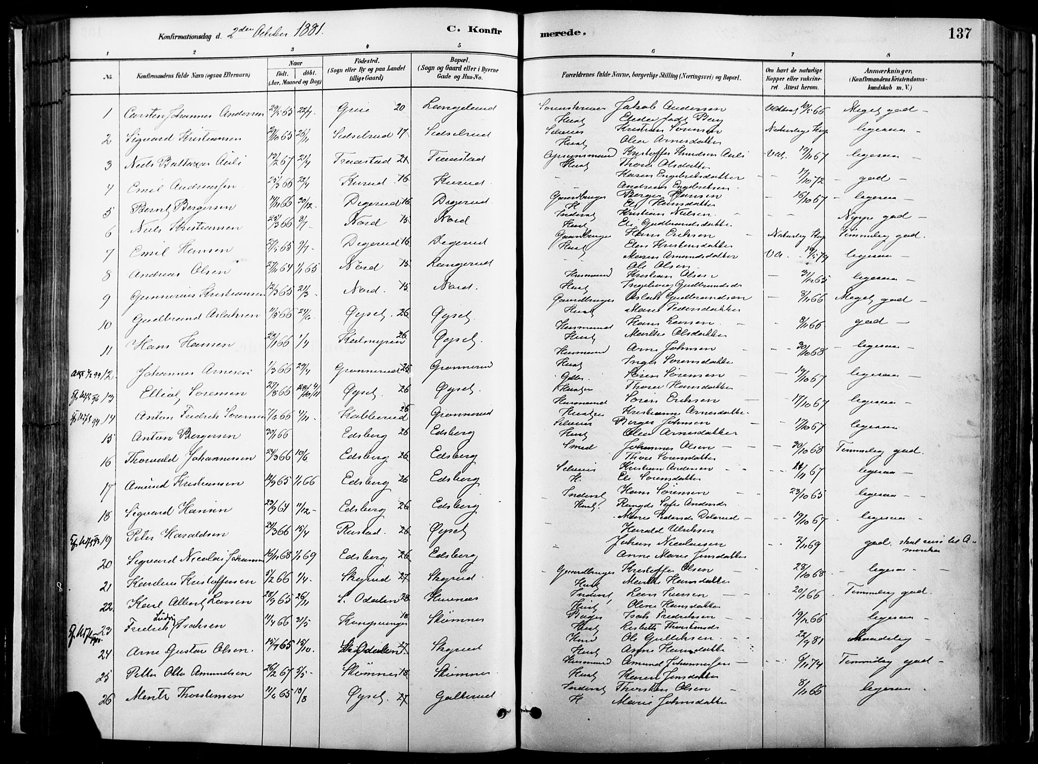 Vinger prestekontor, SAH/PREST-024/H/Ha/Haa/L0014: Parish register (official) no. 14, 1881-1900, p. 137