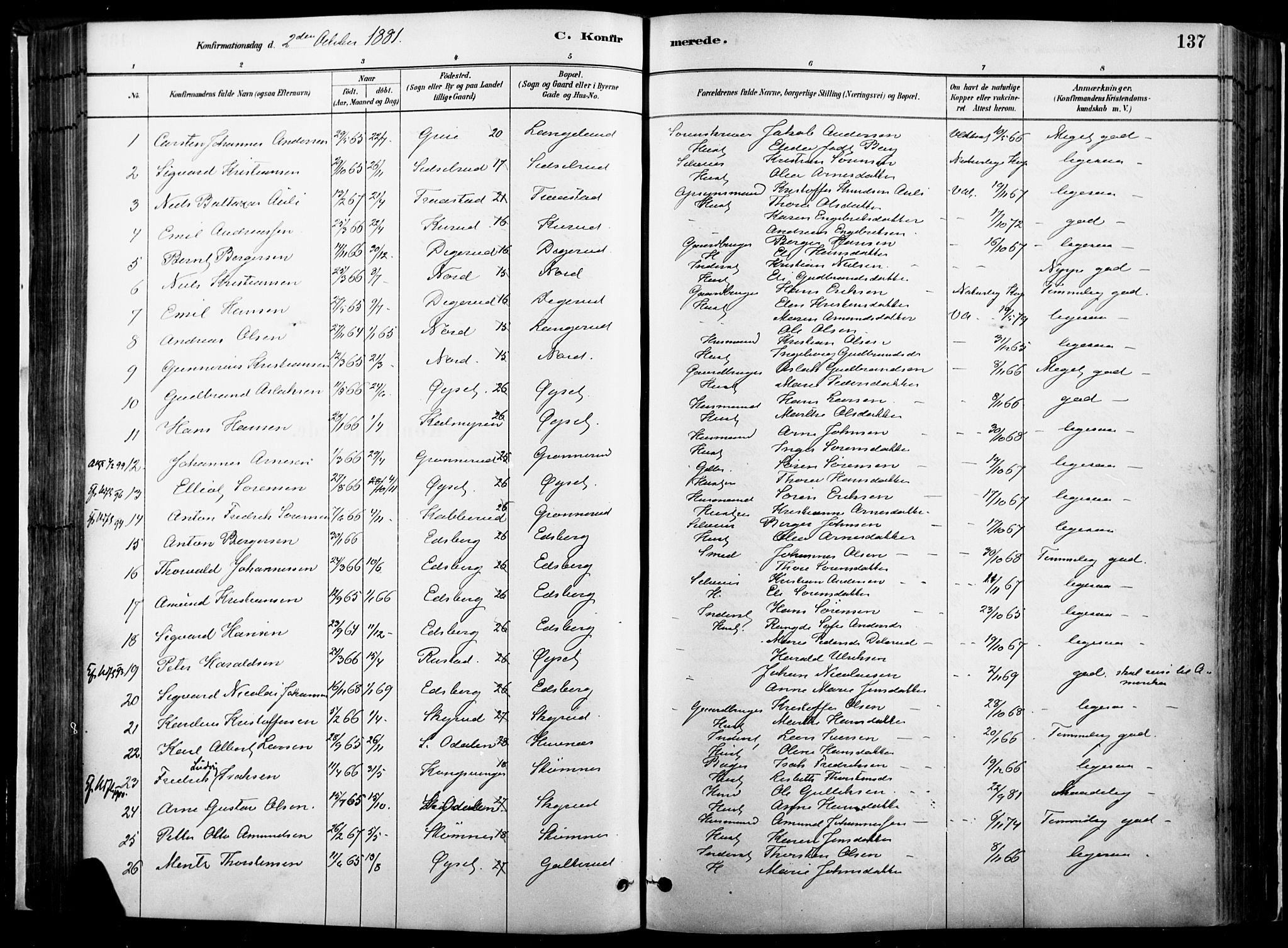 Vinger prestekontor, AV/SAH-PREST-024/H/Ha/Haa/L0014: Parish register (official) no. 14, 1881-1900, p. 137