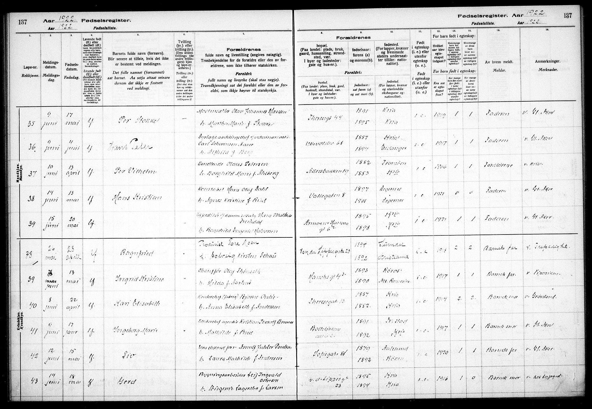 Gamle Aker prestekontor Kirkebøker, AV/SAO-A-10617a/J/L0001: Birth register no. 1, 1916-1927, p. 137