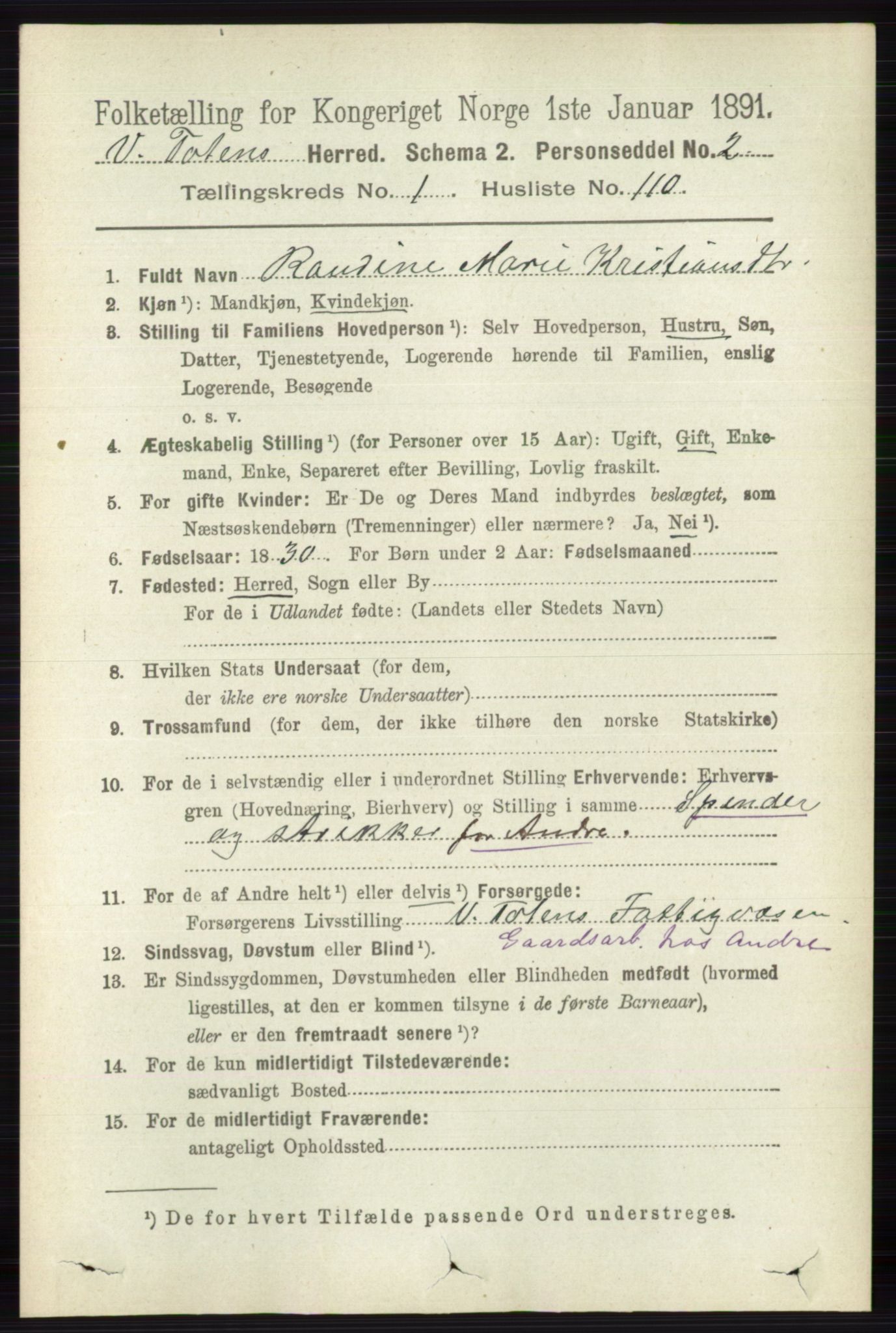 RA, 1891 census for 0529 Vestre Toten, 1891, p. 1086