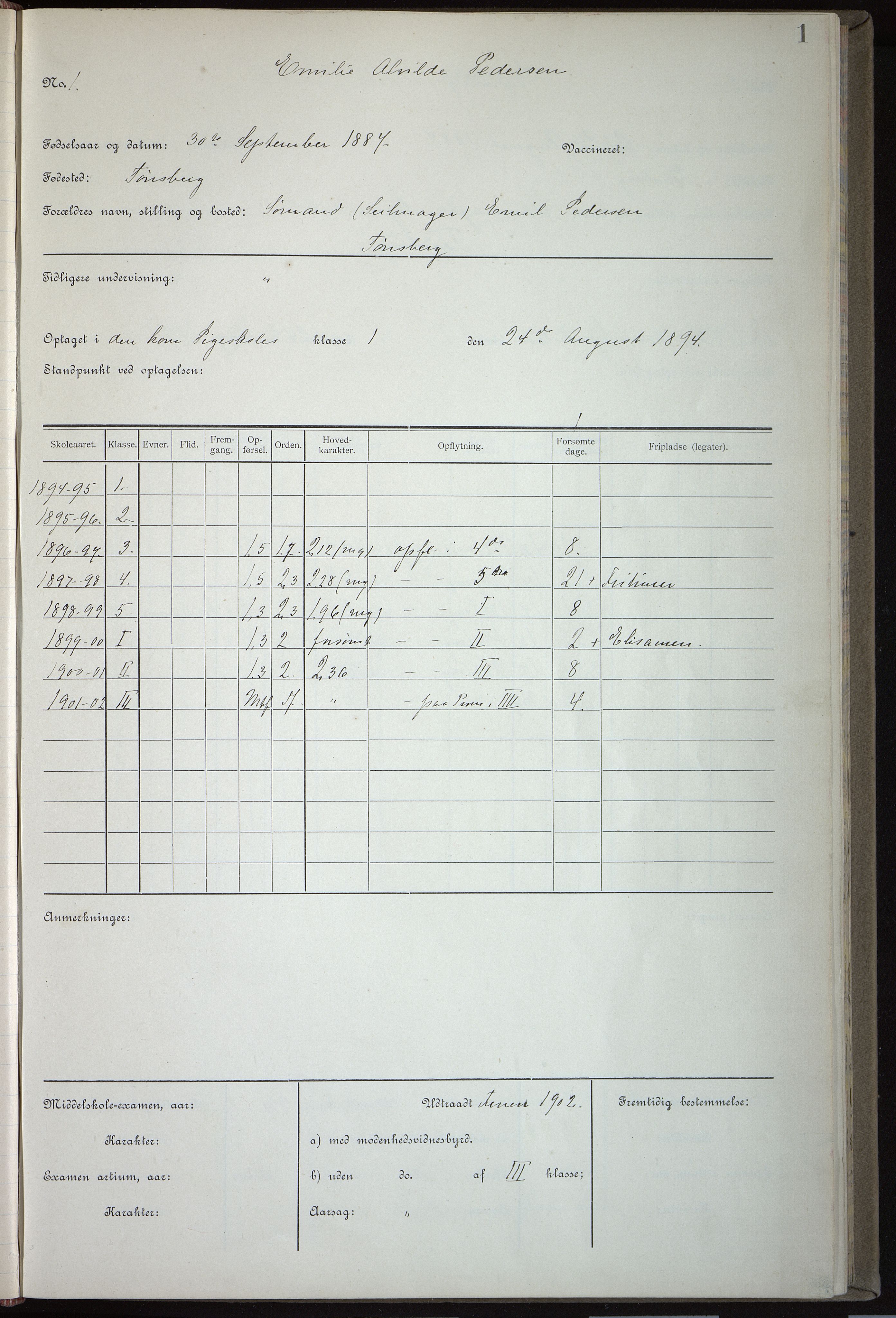 Vestfold fylkeskommune. Greveskogen videregående skole før 1998, VEMU/A-1162/G/Gb/L0002: Manntallsprotokoll Pikeskolen, 1894-1909, p. 1