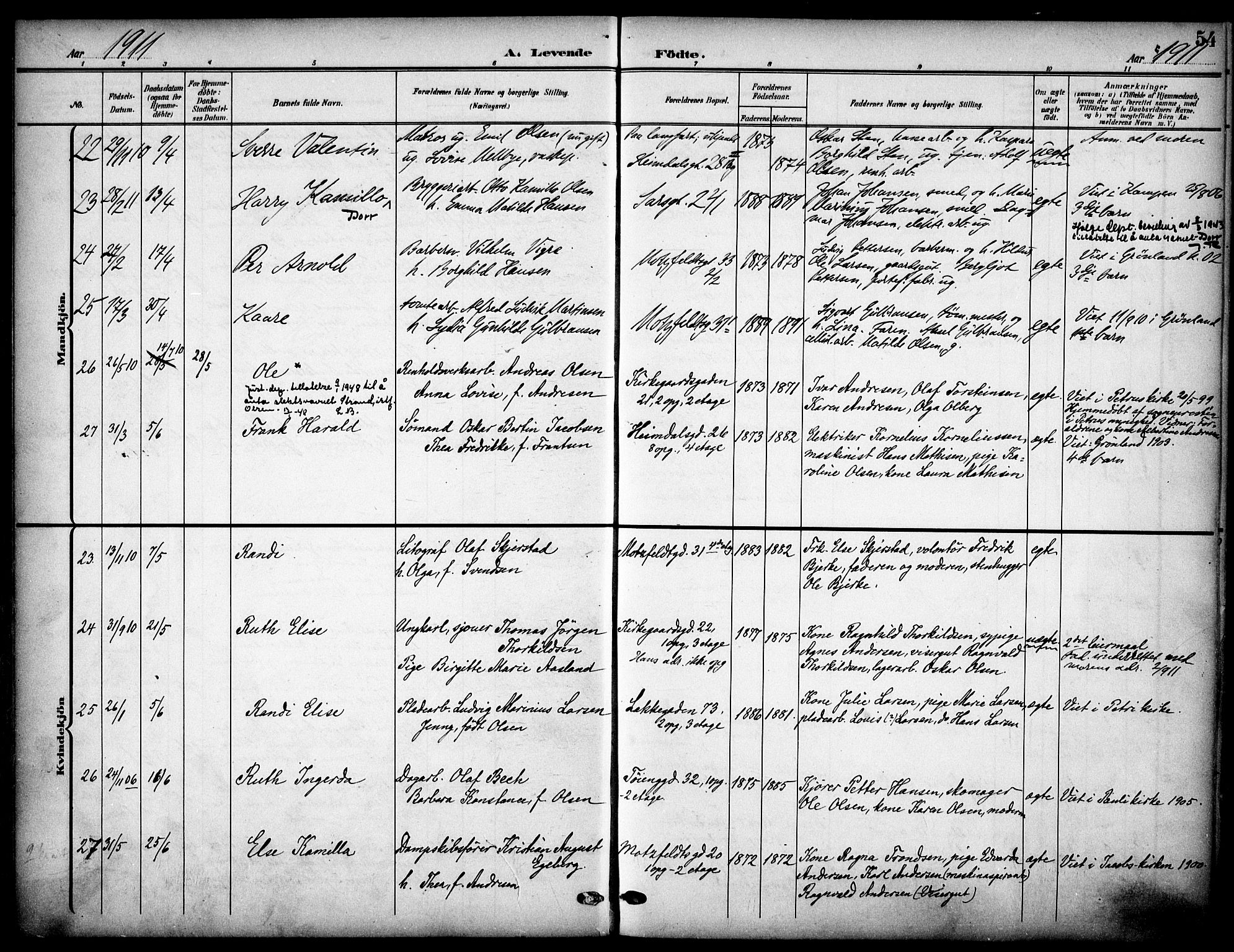 Tøyen prestekontor Kirkebøker, AV/SAO-A-10167a/F/Fa/L0001: Parish register (official) no. I 1, 1907-1916, p. 54