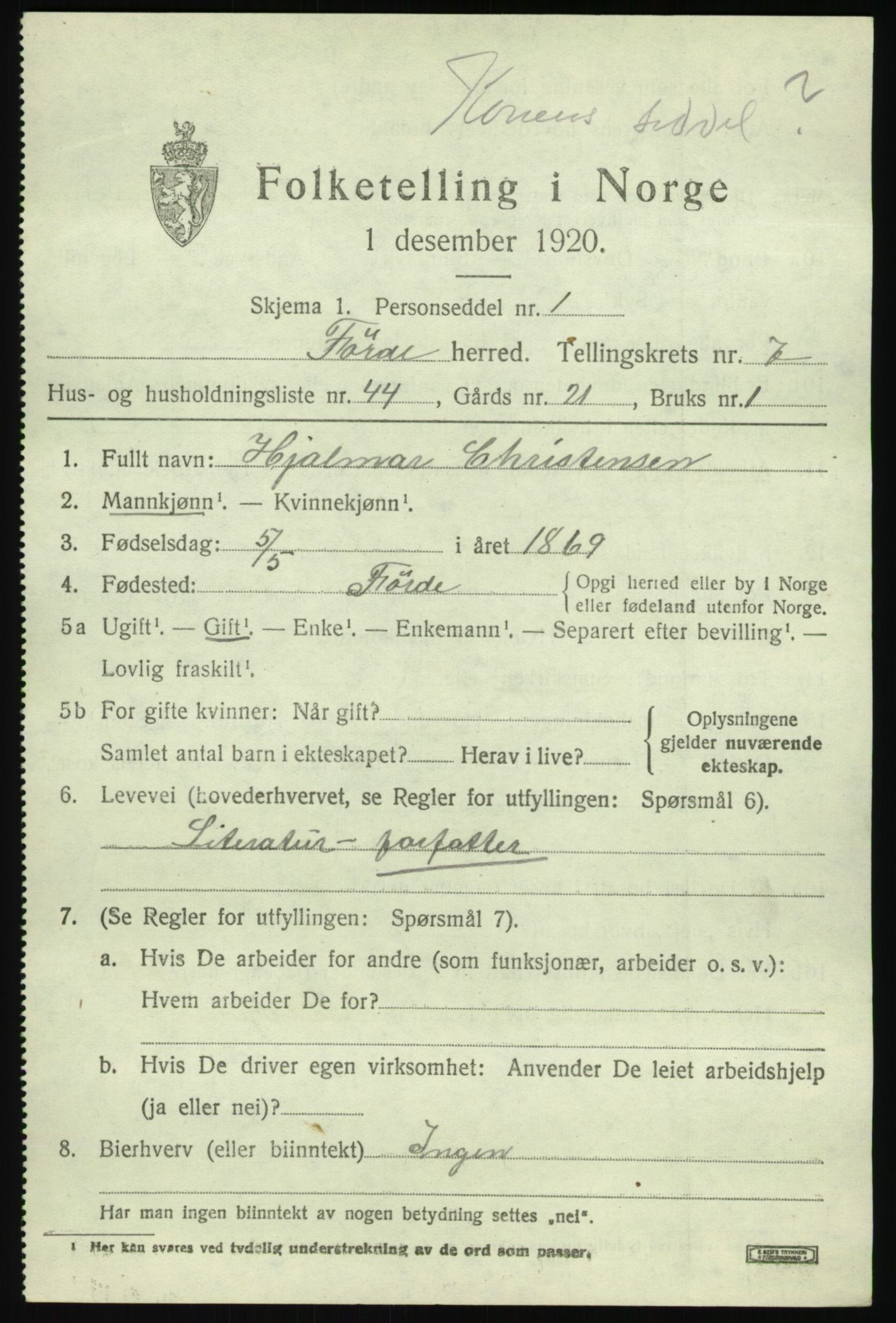 SAB, 1920 census for Førde, 1920, p. 2820