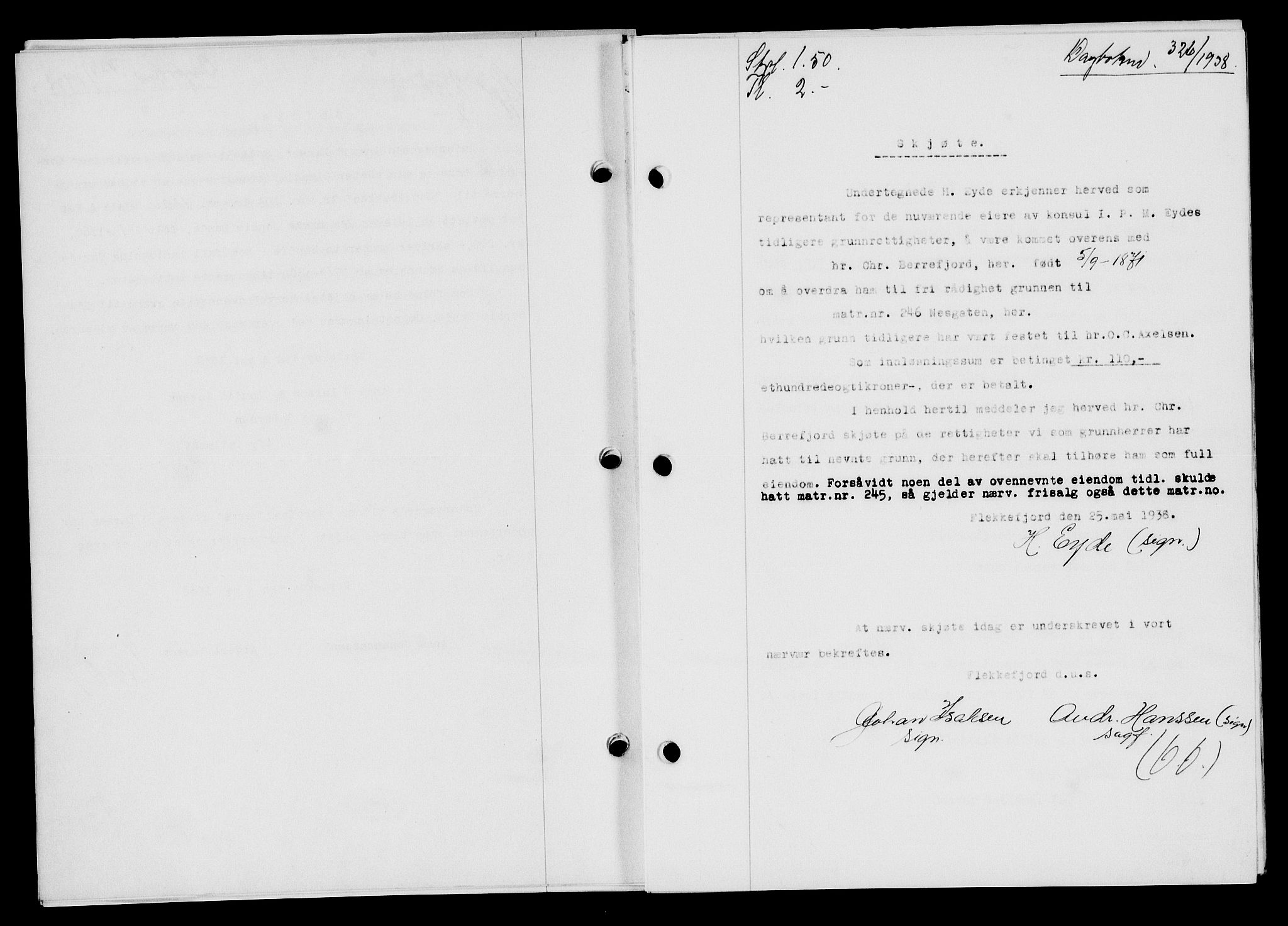 Flekkefjord sorenskriveri, SAK/1221-0001/G/Gb/Gba/L0054: Mortgage book no. A-2, 1937-1938, Diary no: : 326/1938