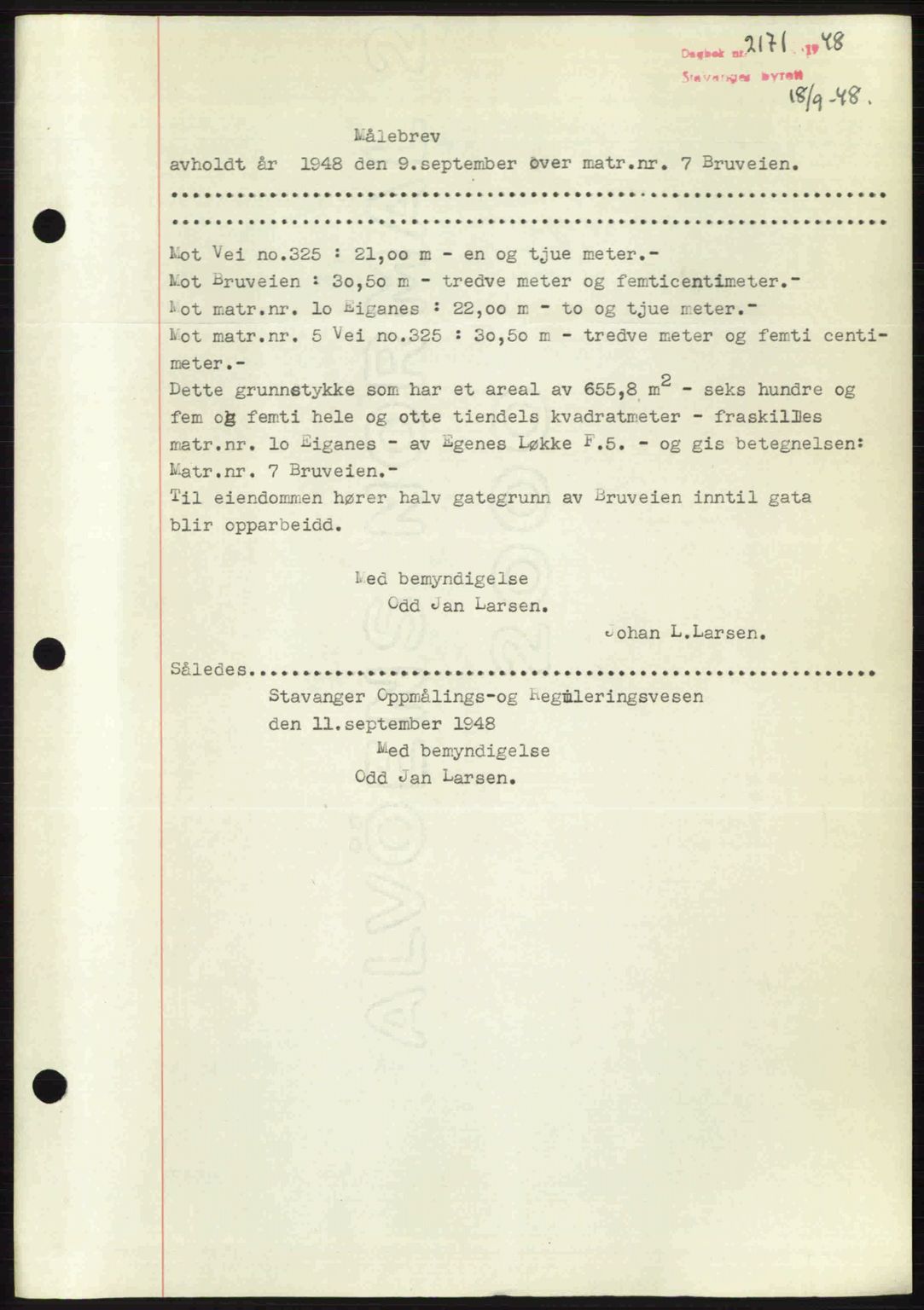 Stavanger byrett, SAST/A-100455/002/G/Gb/L0022: Mortgage book no. A11, 1947-1948, Diary no: : 2171/1948