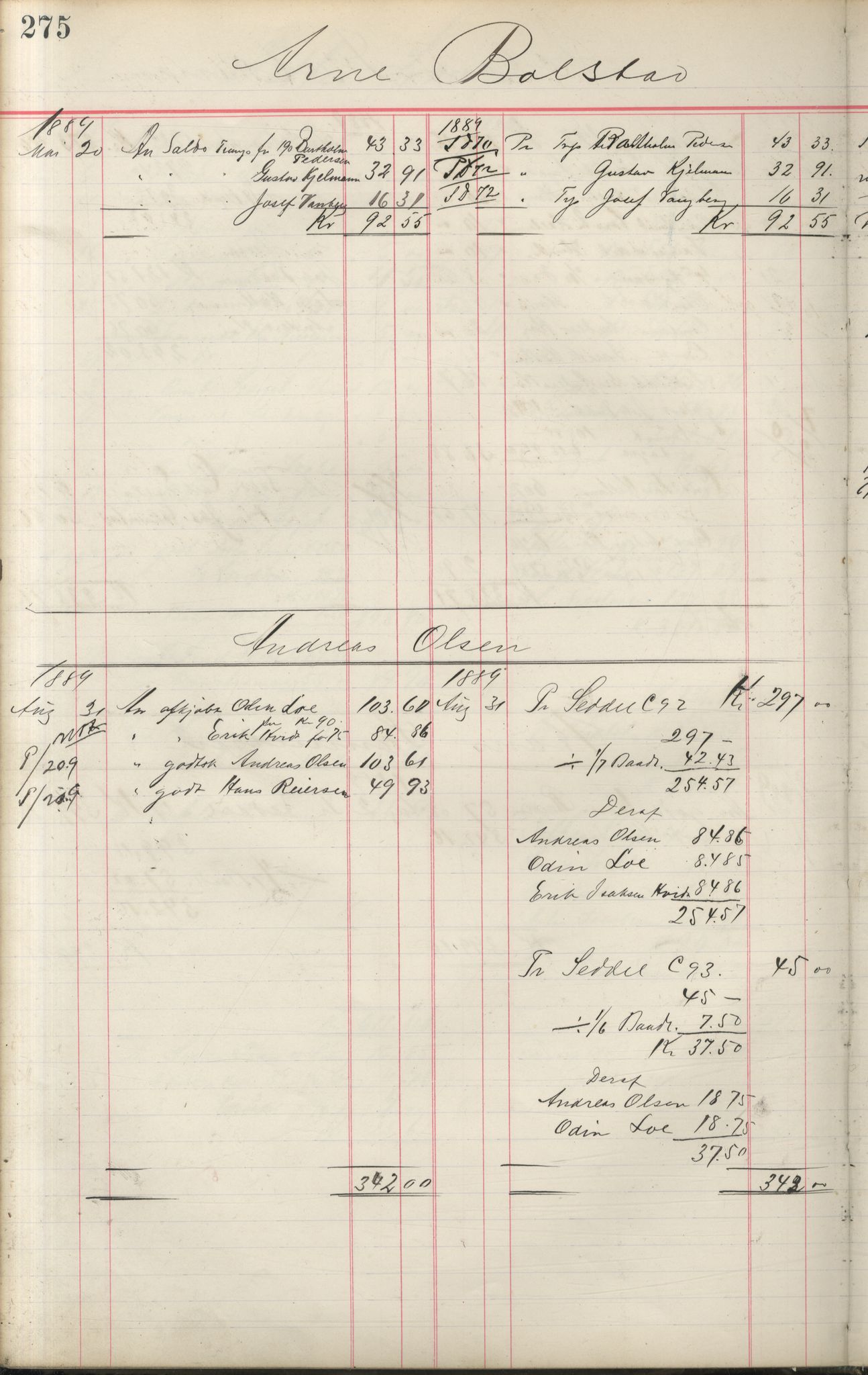 Brodtkorb handel A/S, VAMU/A-0001/F/Fa/L0001/0002: Kompanibøker. Innensogns / Compagnibog for Indensogns Fiskere No 11, 1887-1889, p. 275