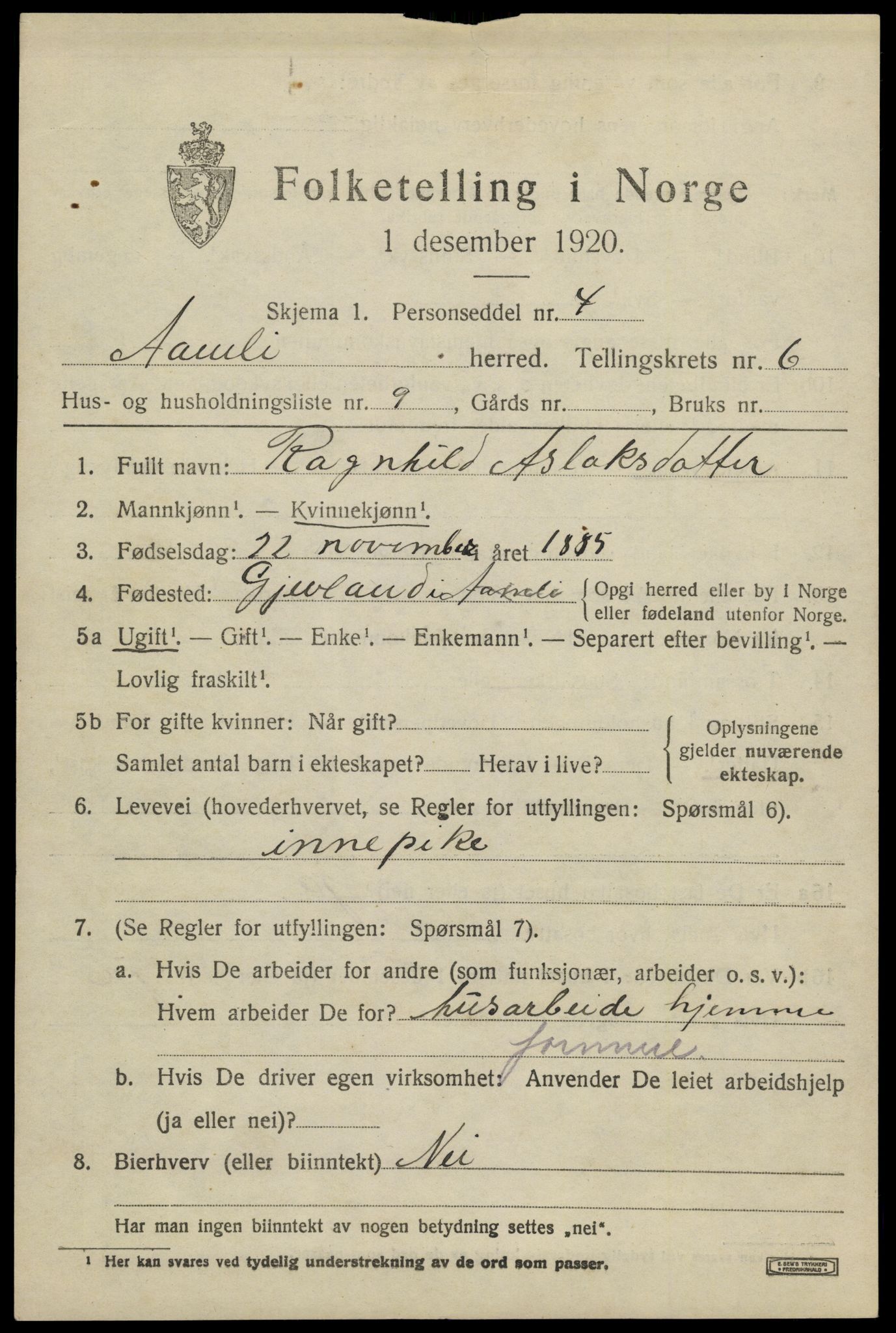 SAK, 1920 census for Åmli, 1920, p. 2717