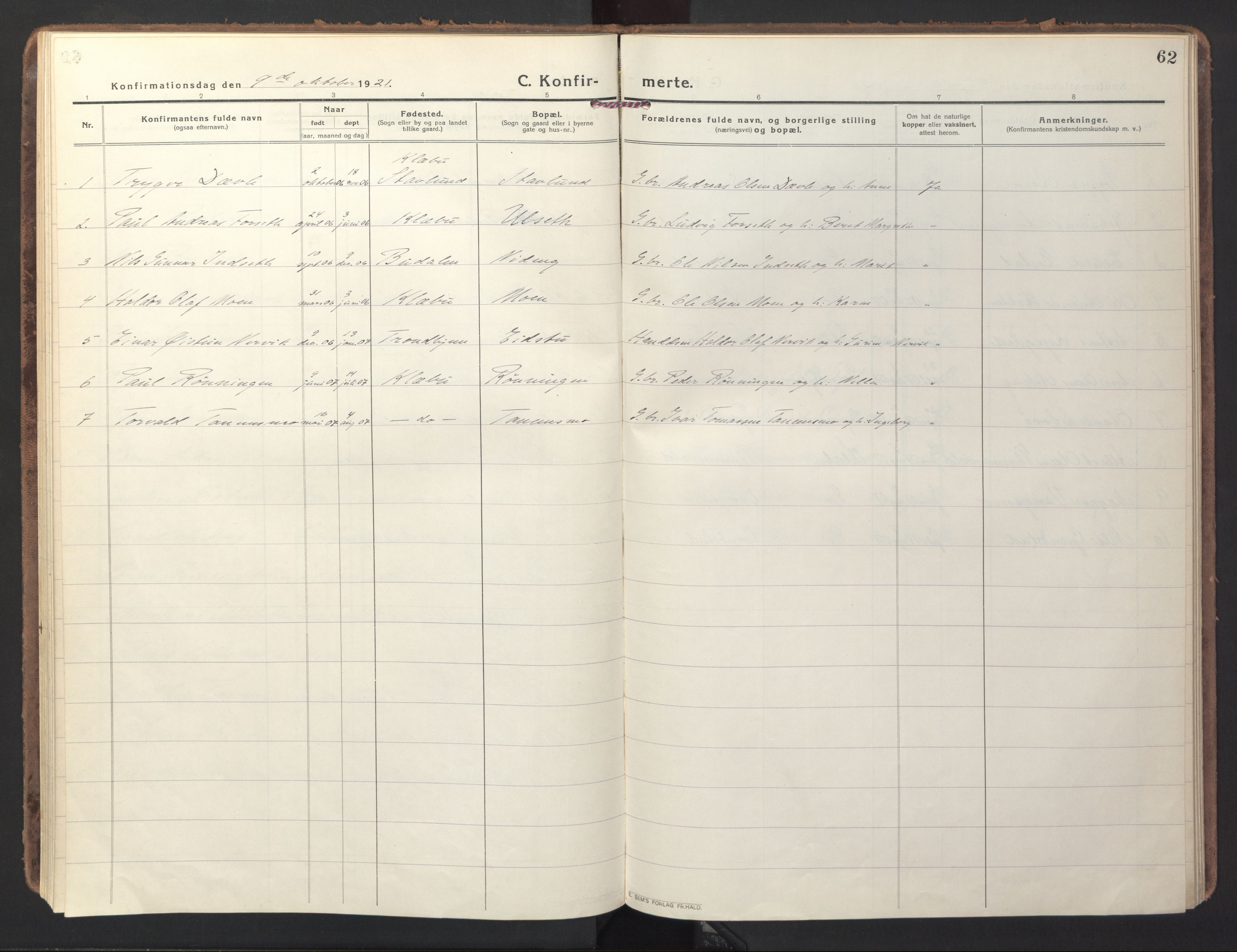 Ministerialprotokoller, klokkerbøker og fødselsregistre - Sør-Trøndelag, SAT/A-1456/618/L0449: Parish register (official) no. 618A12, 1917-1924, p. 62