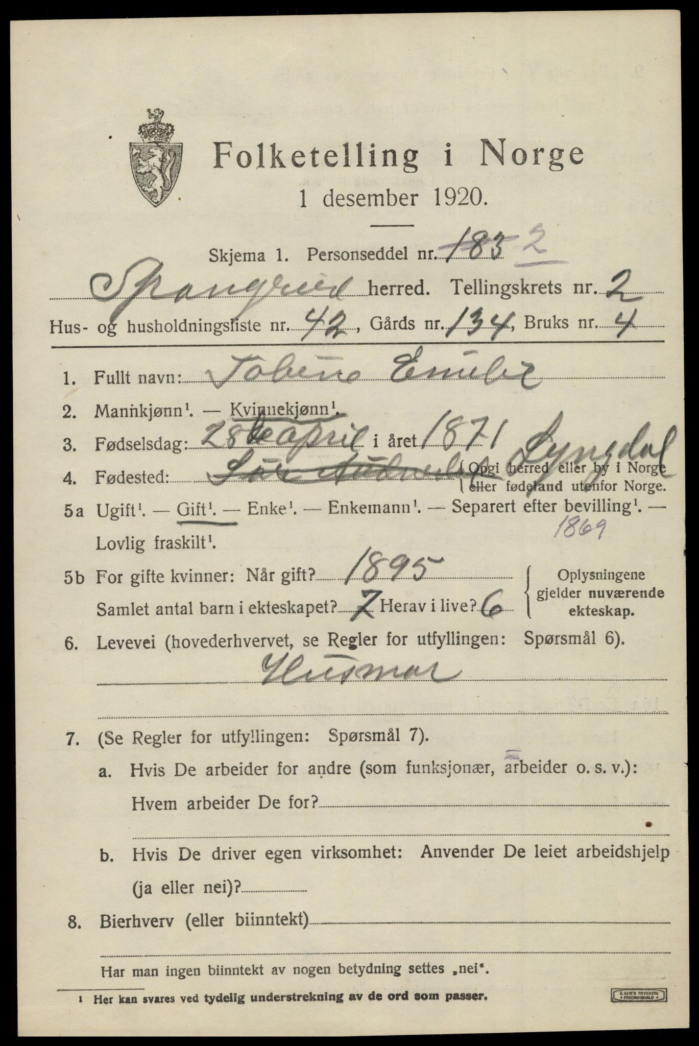 SAK, 1920 census for Spangereid, 1920, p. 1425