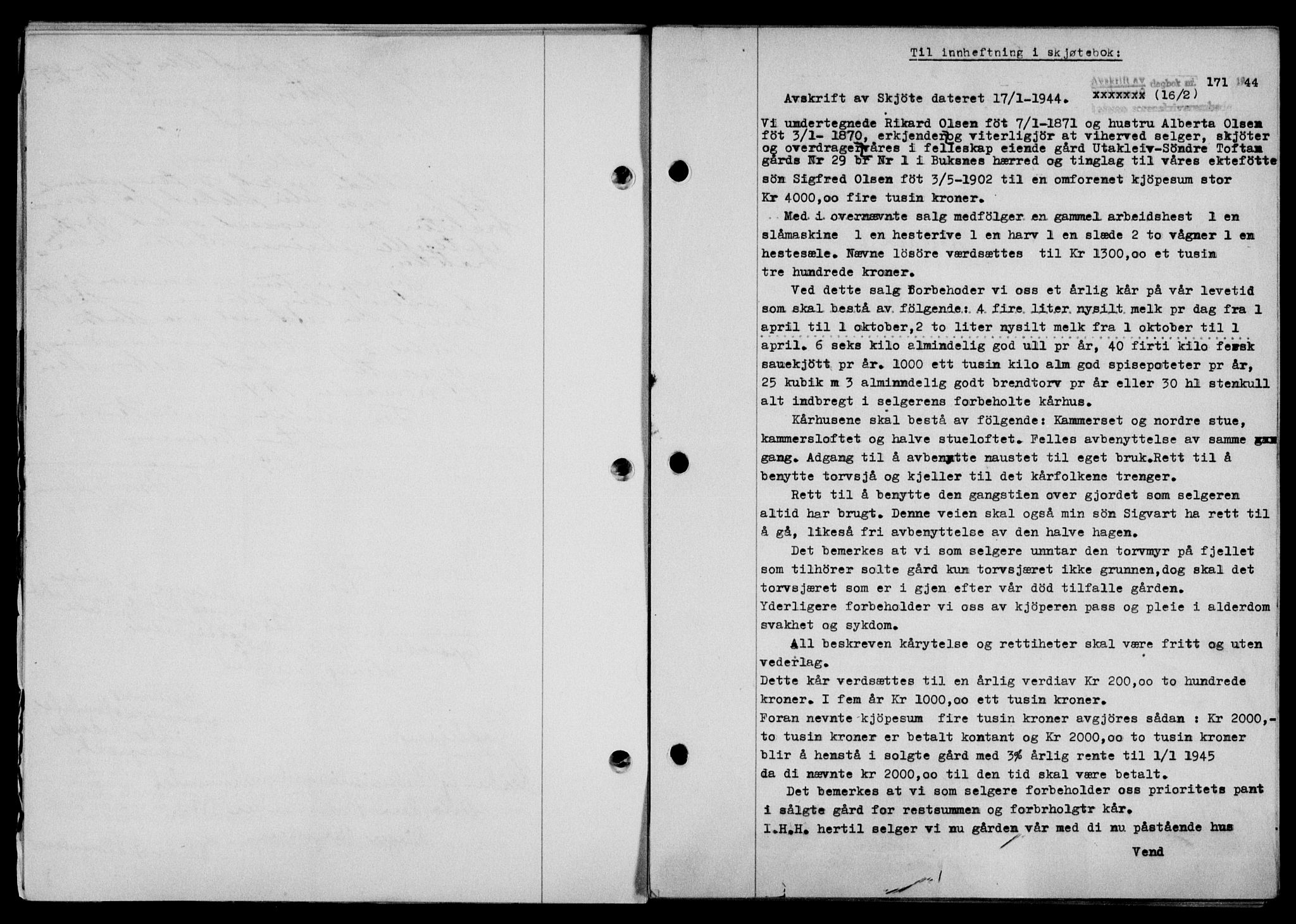 Lofoten sorenskriveri, SAT/A-0017/1/2/2C/L0012a: Mortgage book no. 12a, 1943-1944, Diary no: : 171/1944