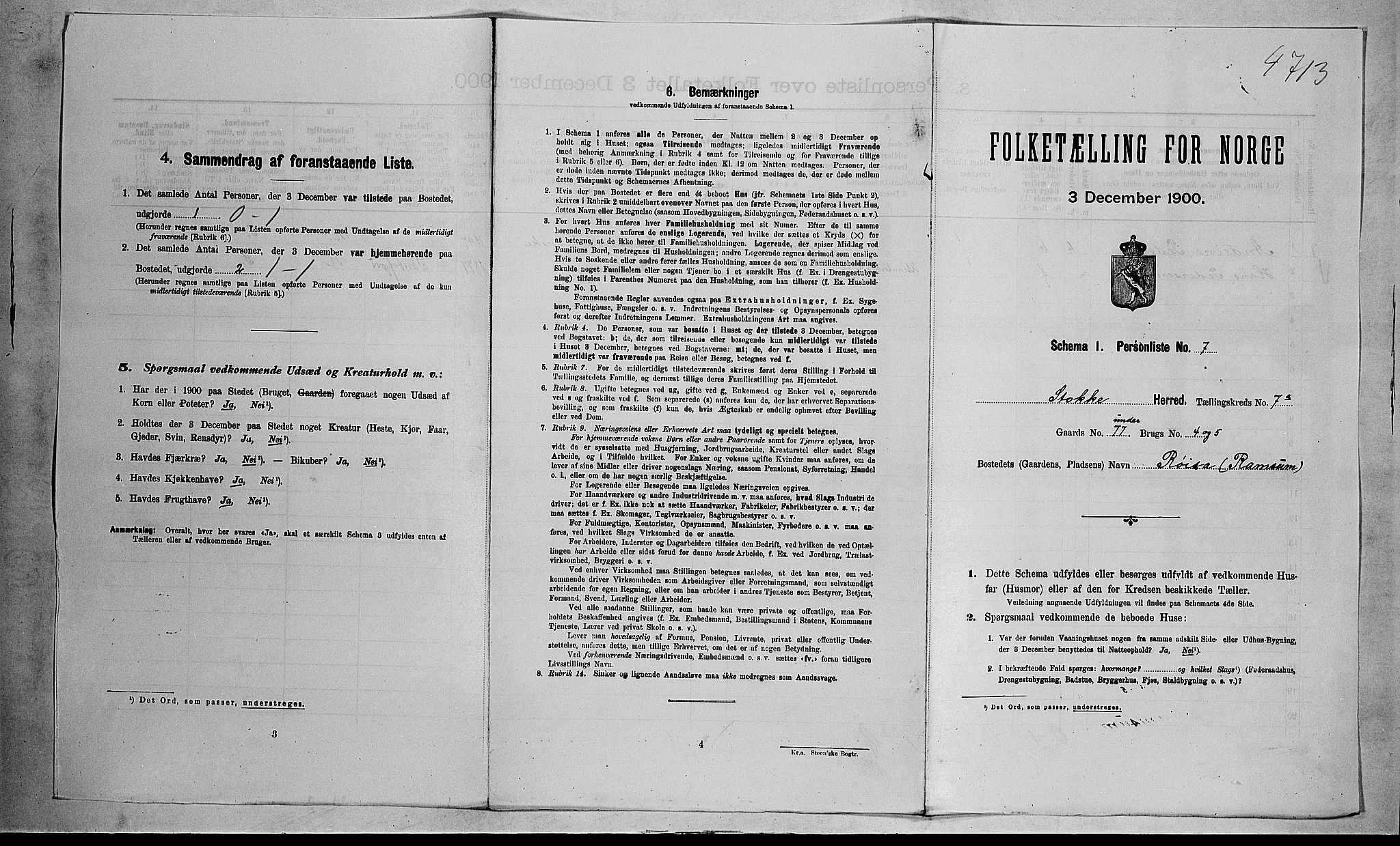 RA, 1900 census for Stokke, 1900, p. 1190