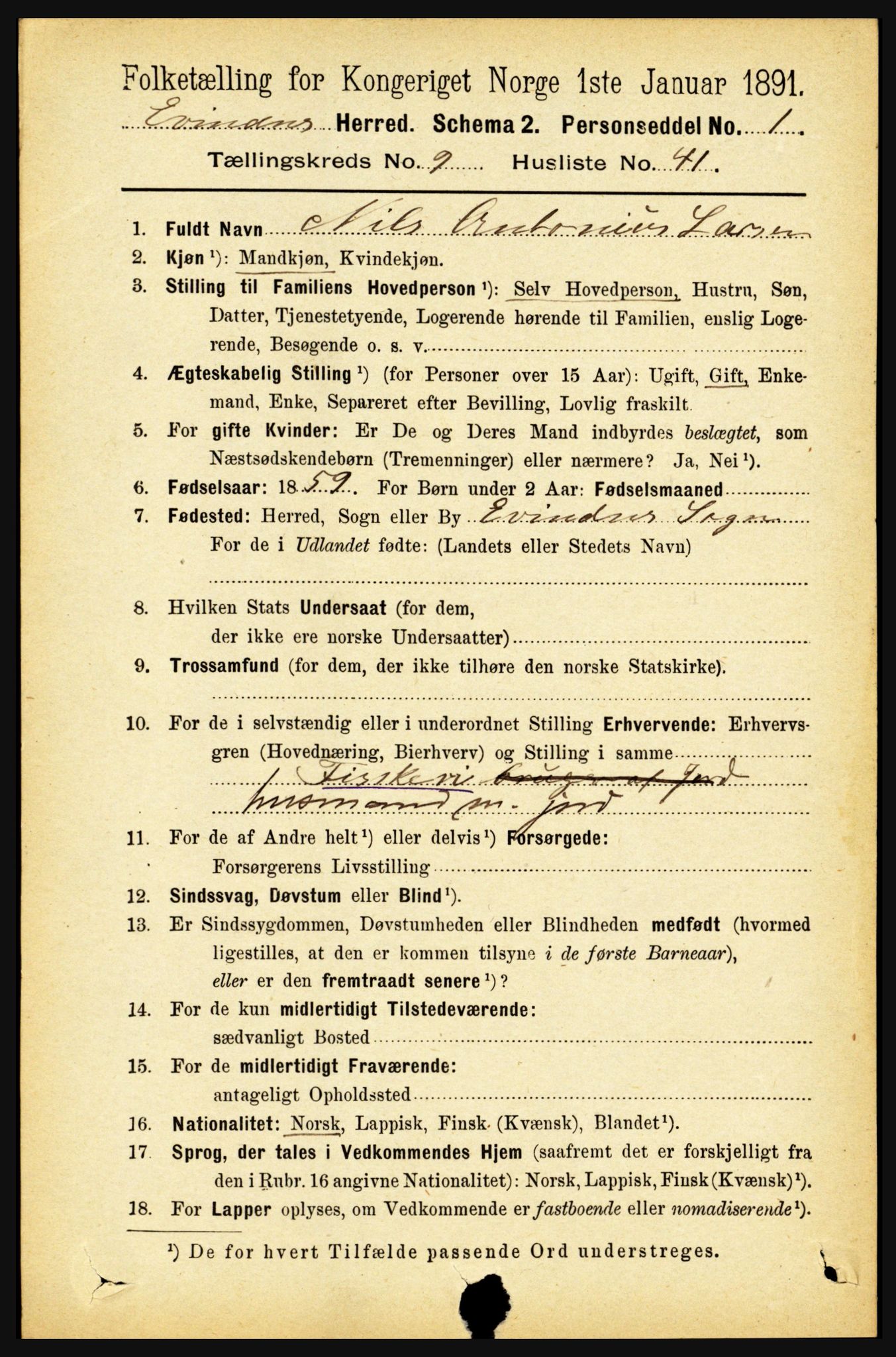 RA, 1891 census for 1853 Evenes, 1891, p. 3084