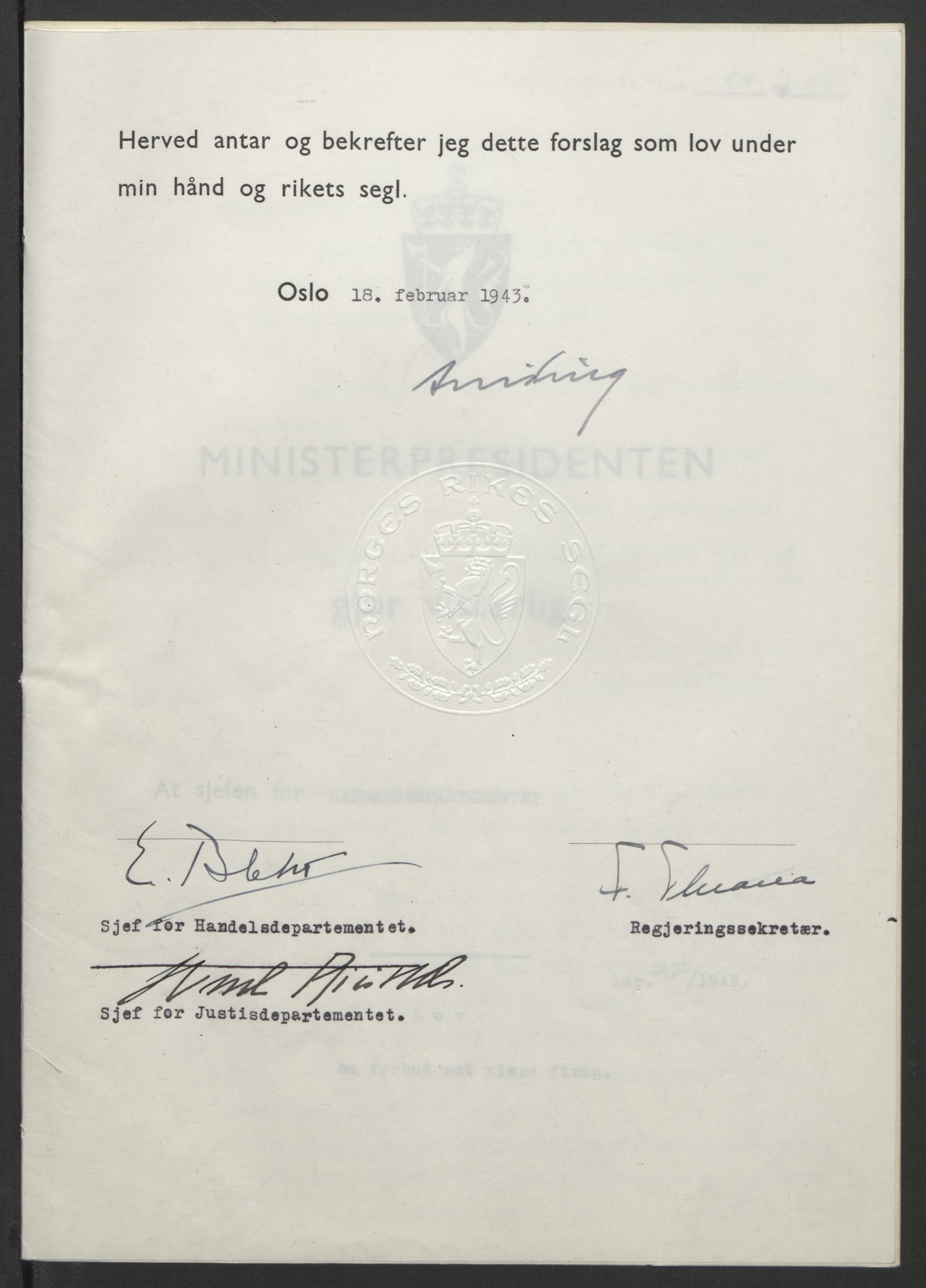 NS-administrasjonen 1940-1945 (Statsrådsekretariatet, de kommisariske statsråder mm), RA/S-4279/D/Db/L0099: Lover, 1943, p. 113