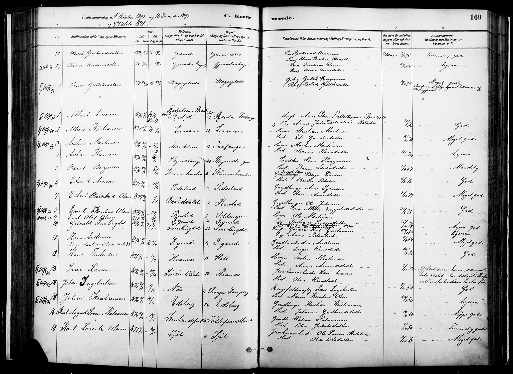 Vinger prestekontor, SAH/PREST-024/H/Ha/Haa/L0014: Parish register (official) no. 14, 1881-1900, p. 169