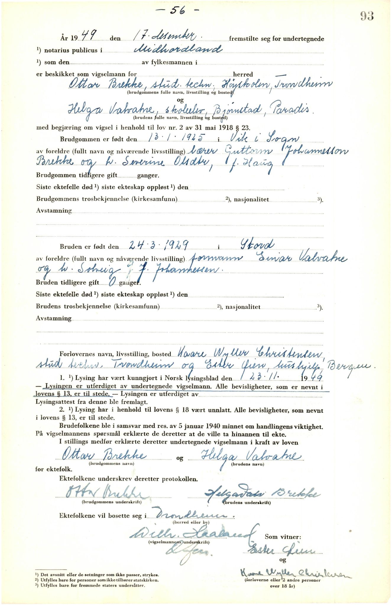 Midhordland sorenskriveri, SAB/A-3001/1/M/Mc/Mca/L0008: Vigselbok, 1948-1952, p. 93