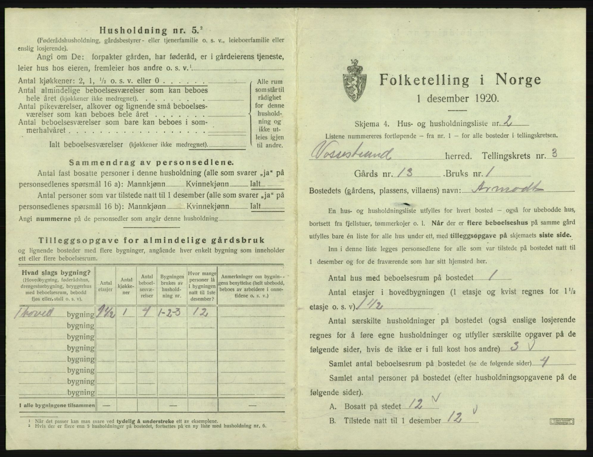 SAB, 1920 census for Vossestrand, 1920, p. 172