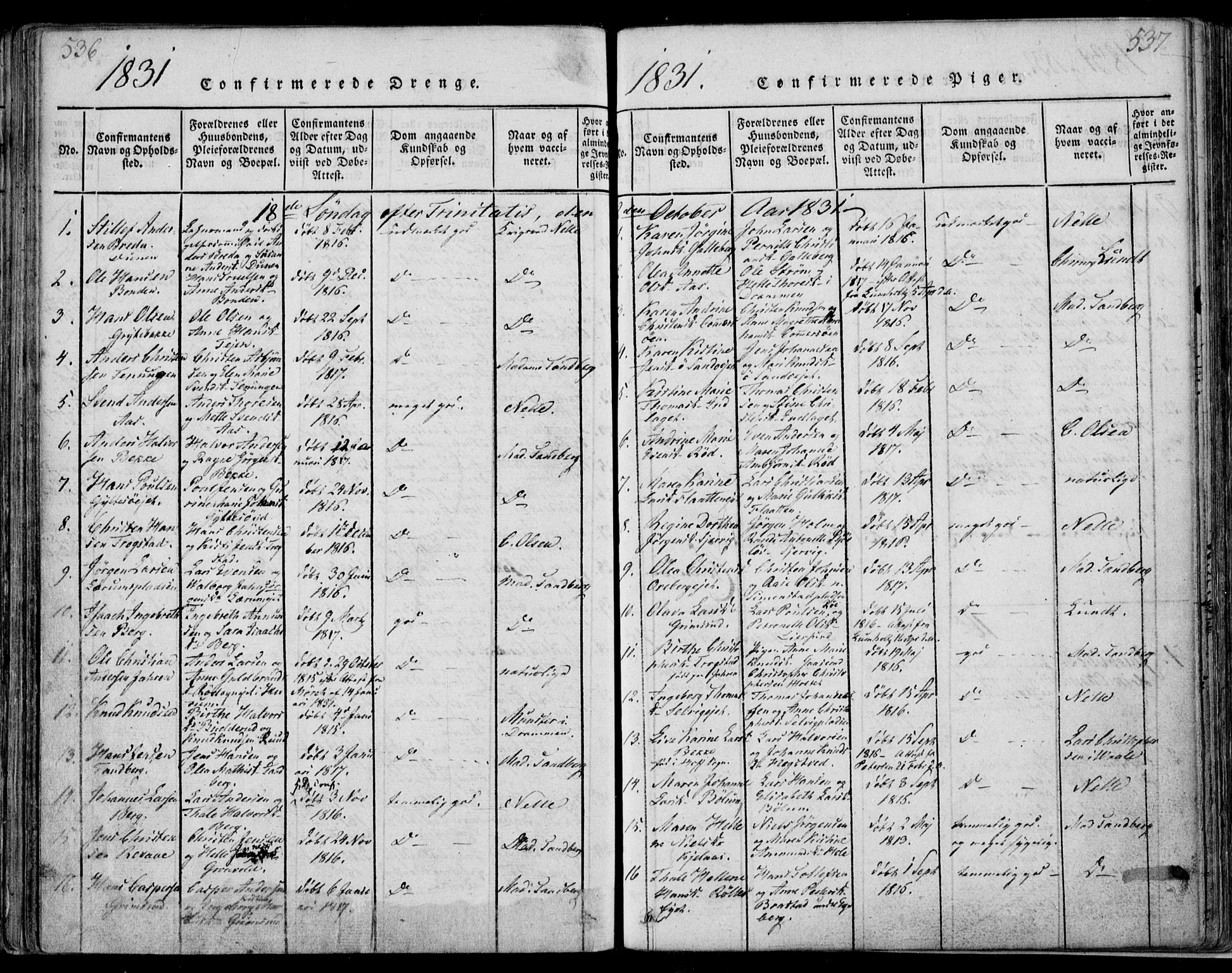 Sande Kirkebøker, SAKO/A-53/F/Fa/L0003: Parish register (official) no. 3, 1814-1847, p. 536-537