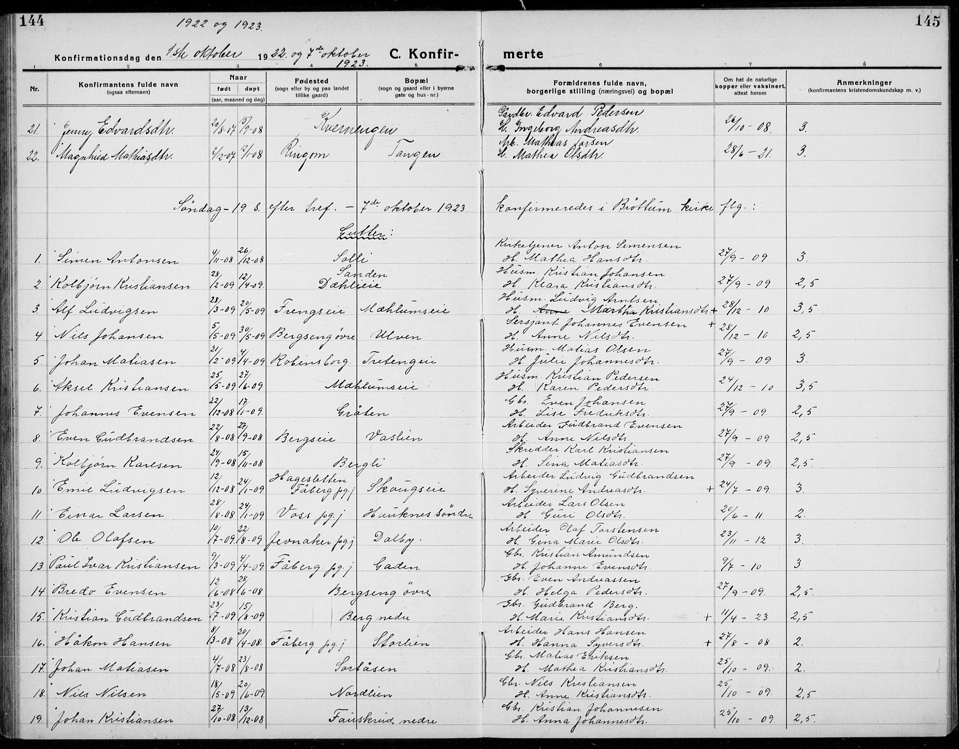 Brøttum prestekontor, AV/SAH-PREST-016/L/La/L0001: Parish register (copy) no. 1, 1921-1941, p. 144-145