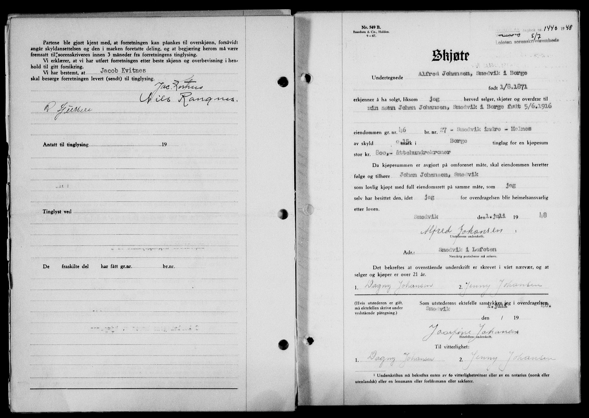 Lofoten sorenskriveri, SAT/A-0017/1/2/2C/L0018a: Mortgage book no. 18a, 1948-1948, Diary no: : 1440/1948