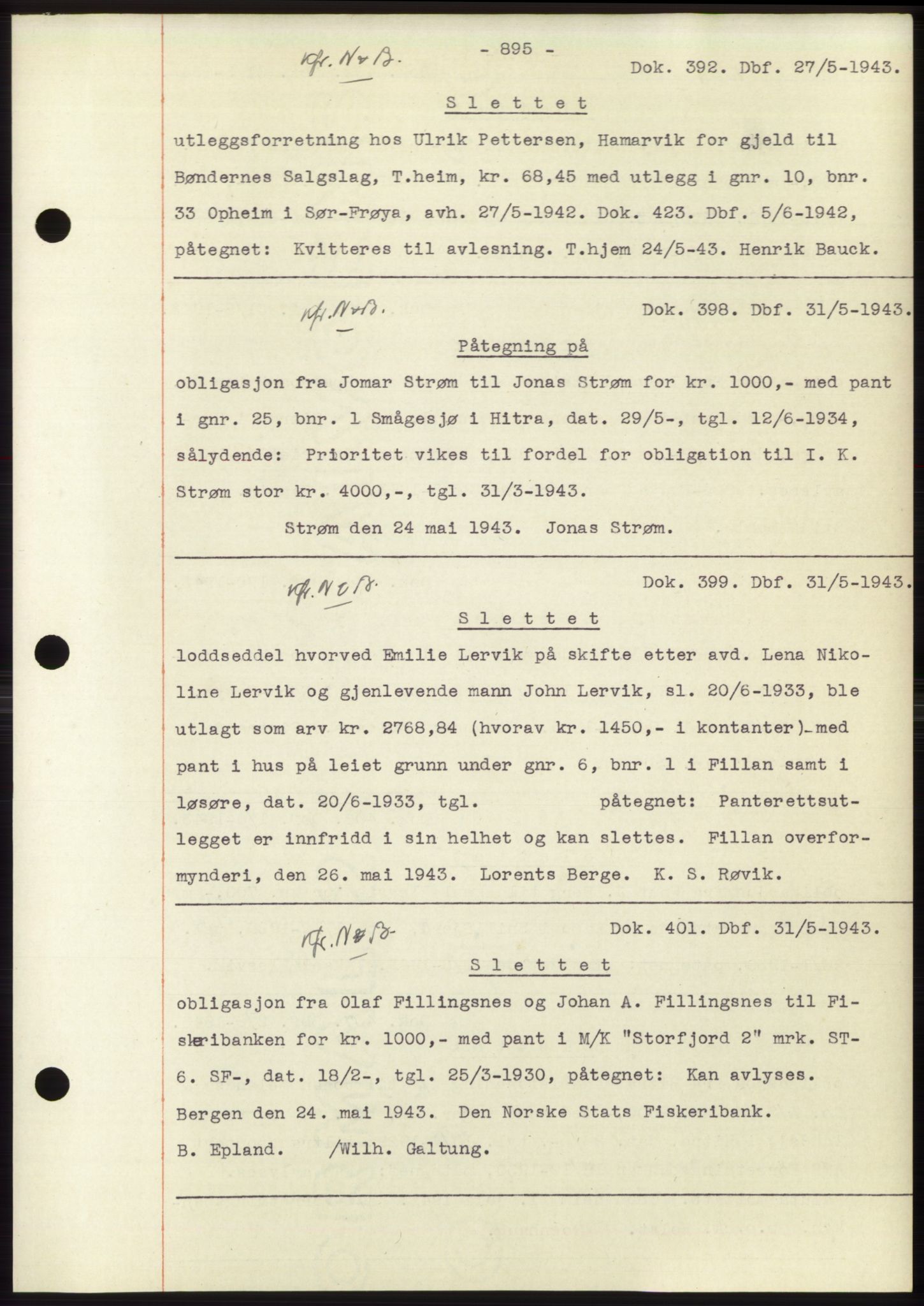 Hitra sorenskriveri, AV/SAT-A-0018/2/2C/2Ca: Mortgage book no. C1, 1936-1945, Diary no: : 392/1943