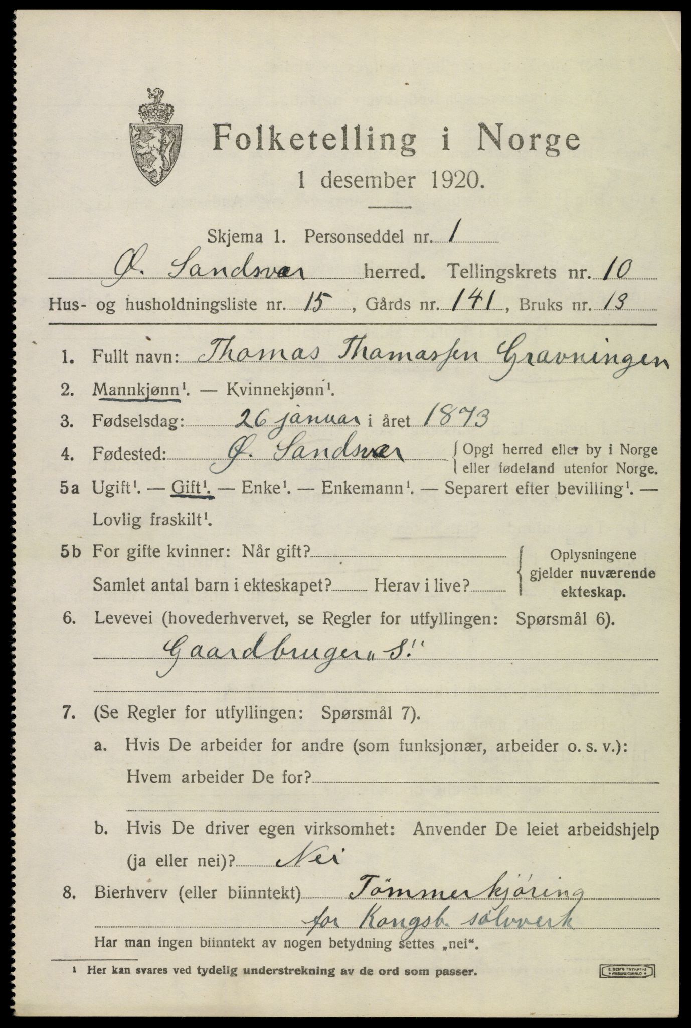 SAKO, 1920 census for Øvre Sandsvær, 1920, p. 5702