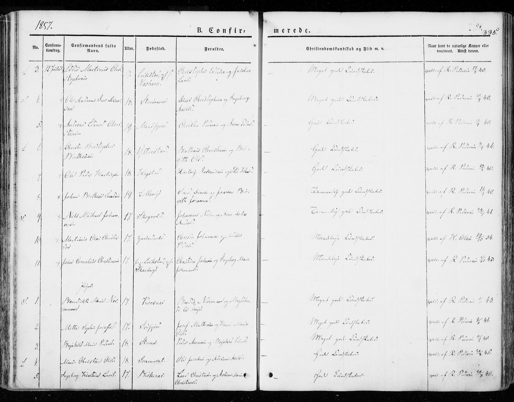 Ministerialprotokoller, klokkerbøker og fødselsregistre - Nordland, AV/SAT-A-1459/872/L1033: Parish register (official) no. 872A08, 1840-1863, p. 335