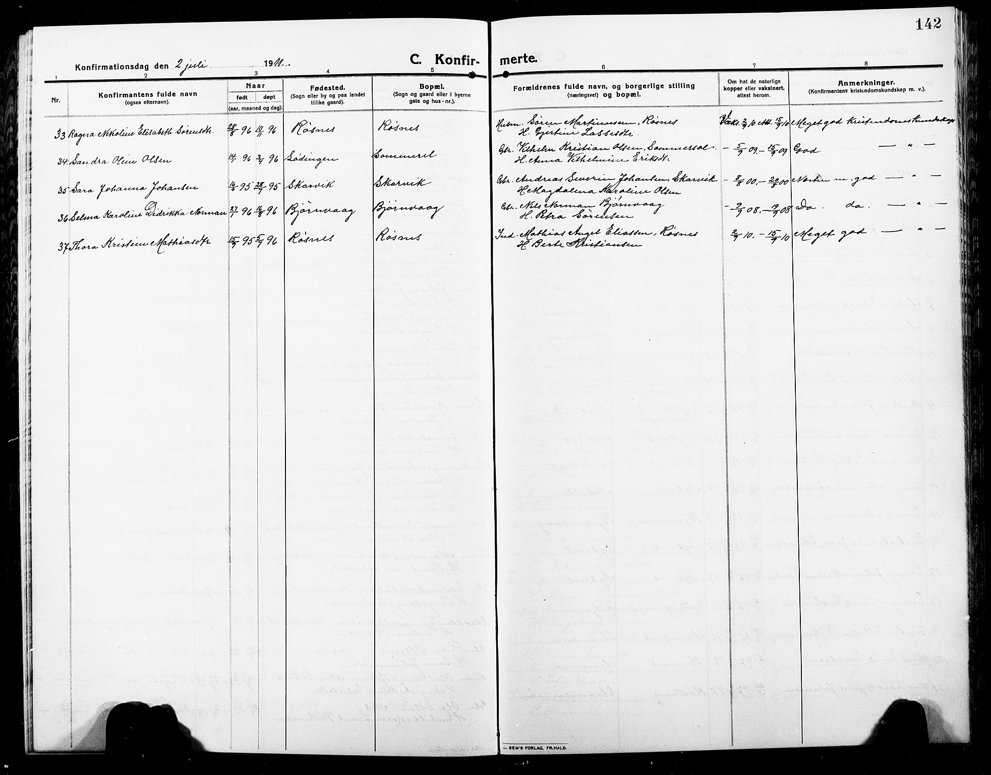 Ministerialprotokoller, klokkerbøker og fødselsregistre - Nordland, SAT/A-1459/859/L0861: Parish register (copy) no. 859C07, 1910-1925, p. 142