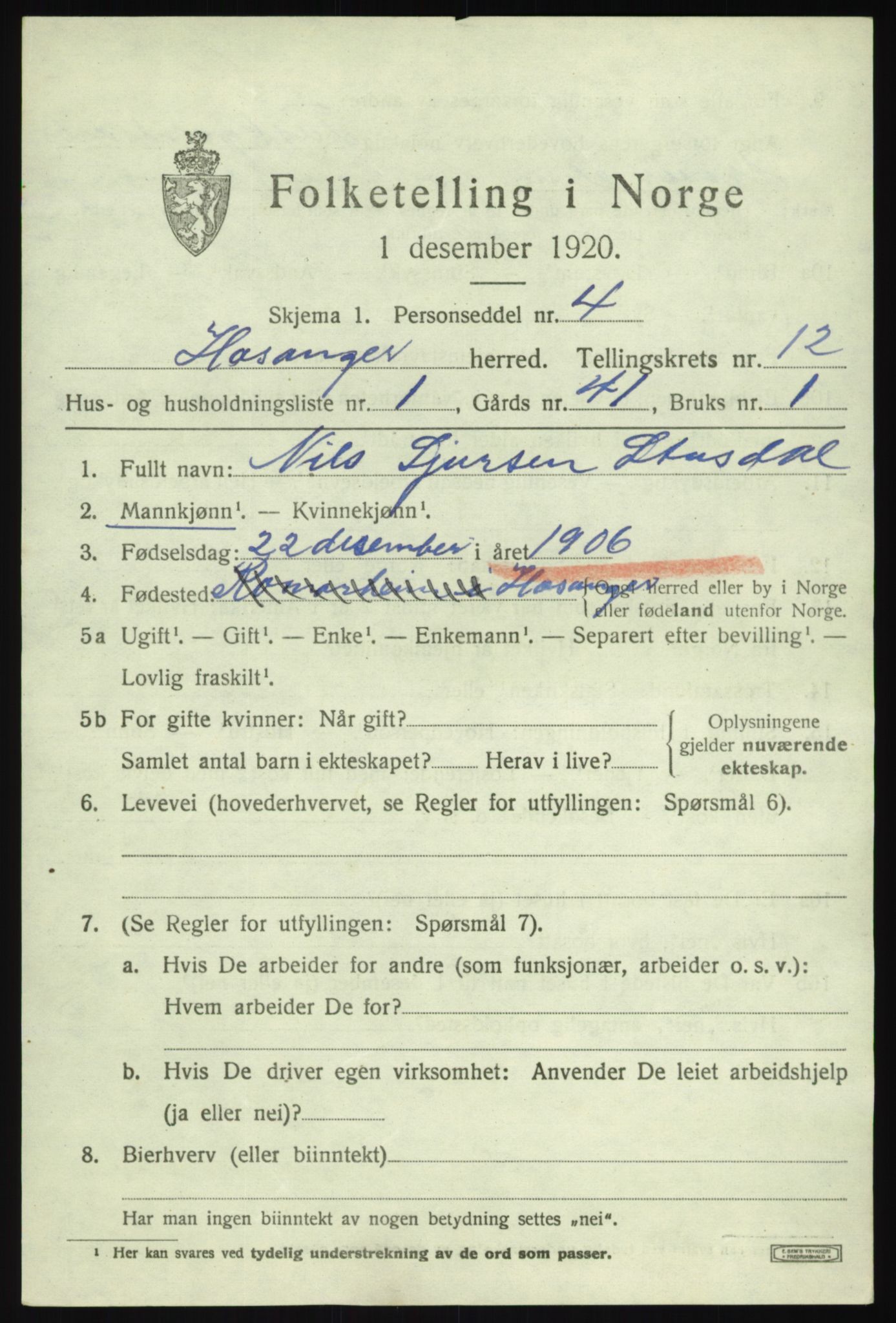 SAB, 1920 census for Hosanger, 1920, p. 4897