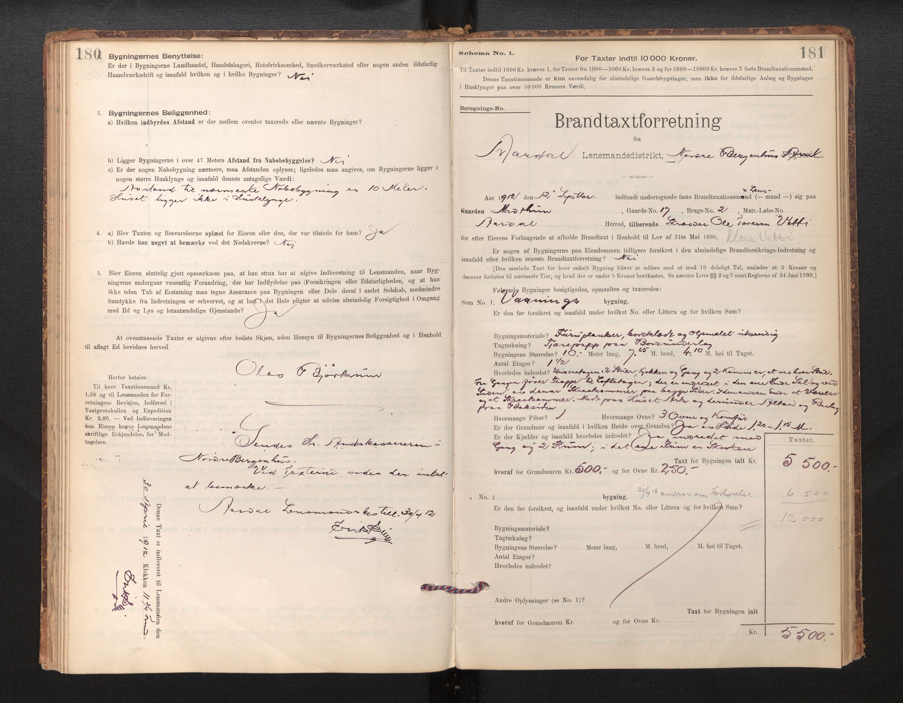 Lensmannen i Årdal, SAB/A-30501/0012/L0008: Branntakstprotokoll, skjematakst, 1895-1915, p. 180-181