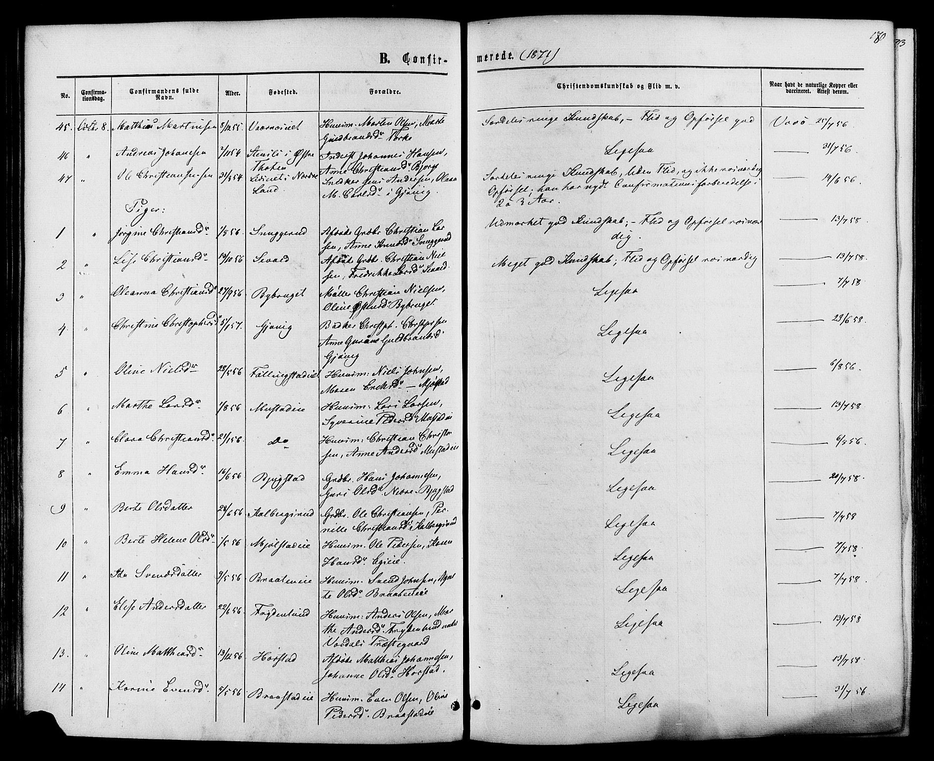 Vardal prestekontor, SAH/PREST-100/H/Ha/Haa/L0007: Parish register (official) no. 7, 1867-1878, p. 180