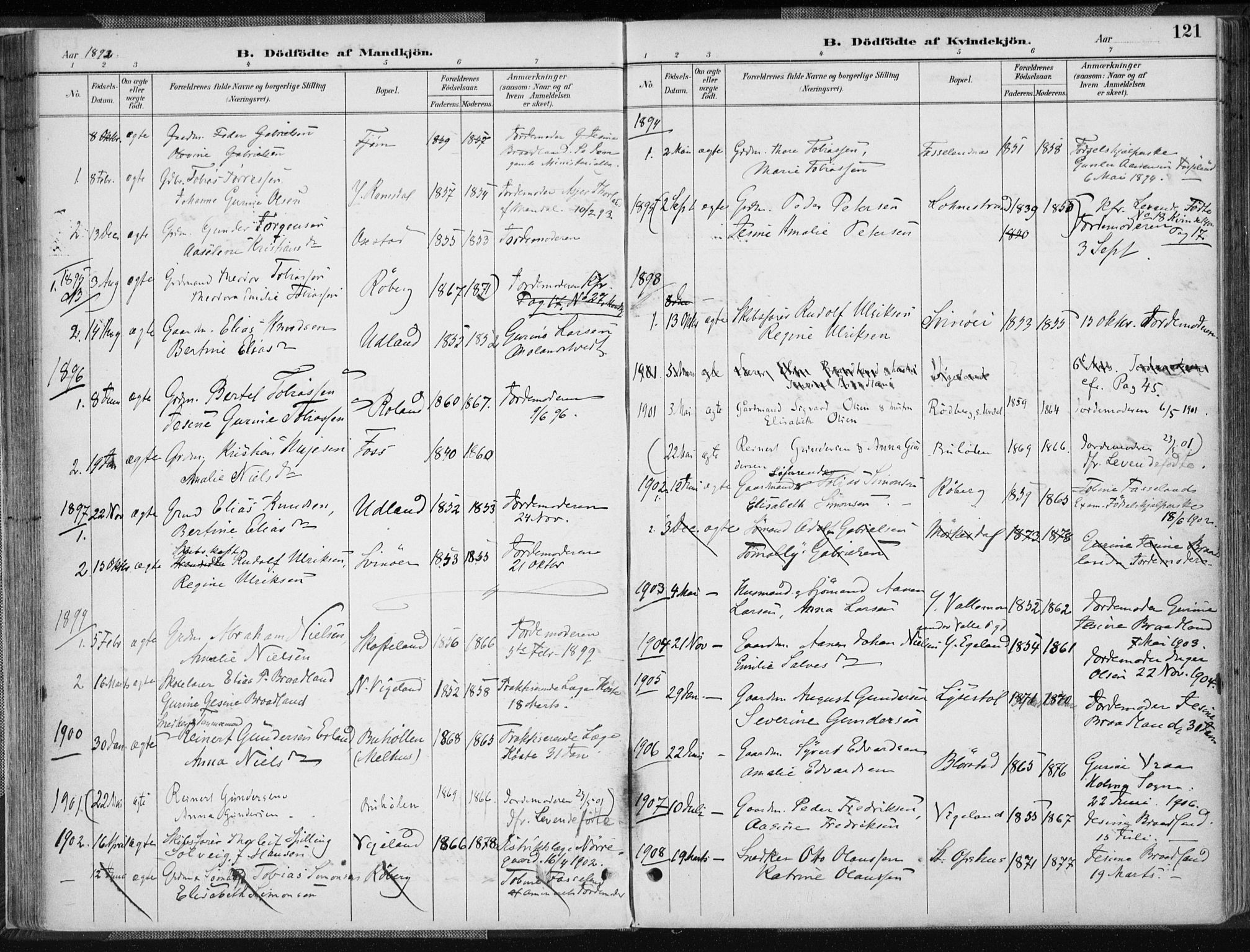 Sør-Audnedal sokneprestkontor, SAK/1111-0039/F/Fa/Fab/L0010: Parish register (official) no. A 10, 1892-1913, p. 121