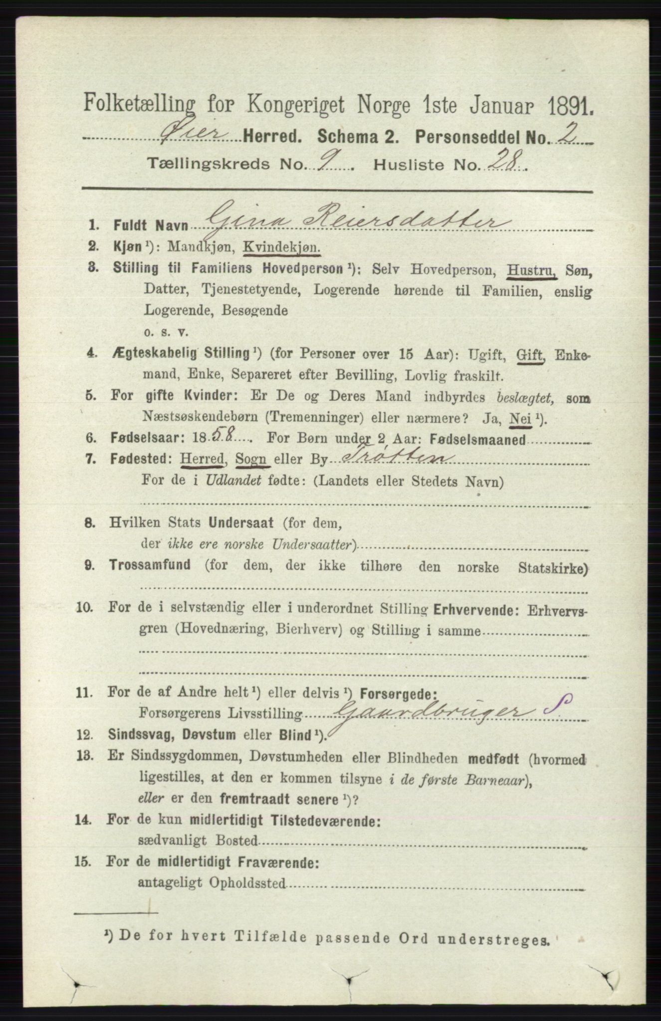 RA, 1891 census for 0521 Øyer, 1891, p. 3287