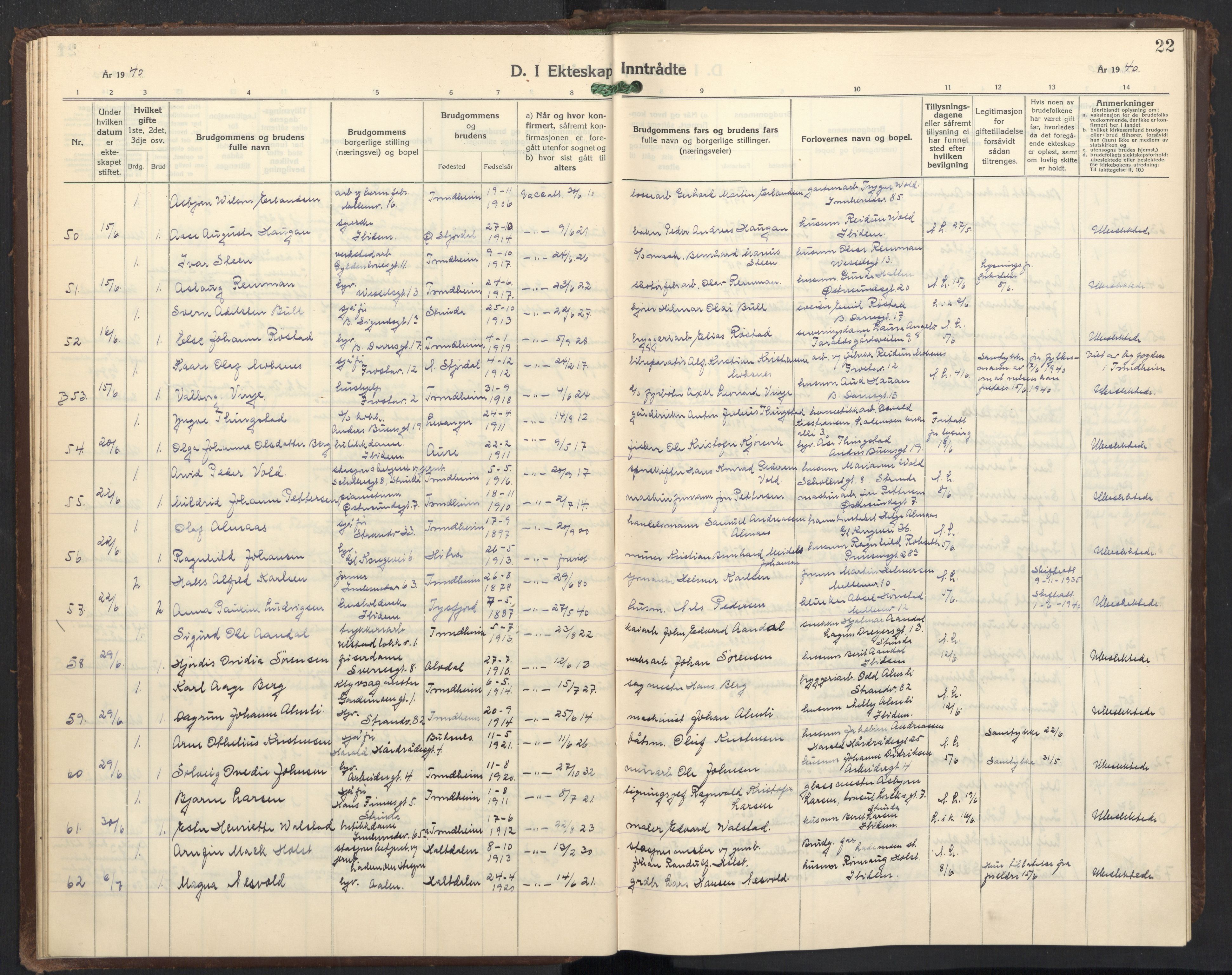 Ministerialprotokoller, klokkerbøker og fødselsregistre - Sør-Trøndelag, SAT/A-1456/605/L0263: Parish register (copy) no. 605C10, 1938-1949, p. 22
