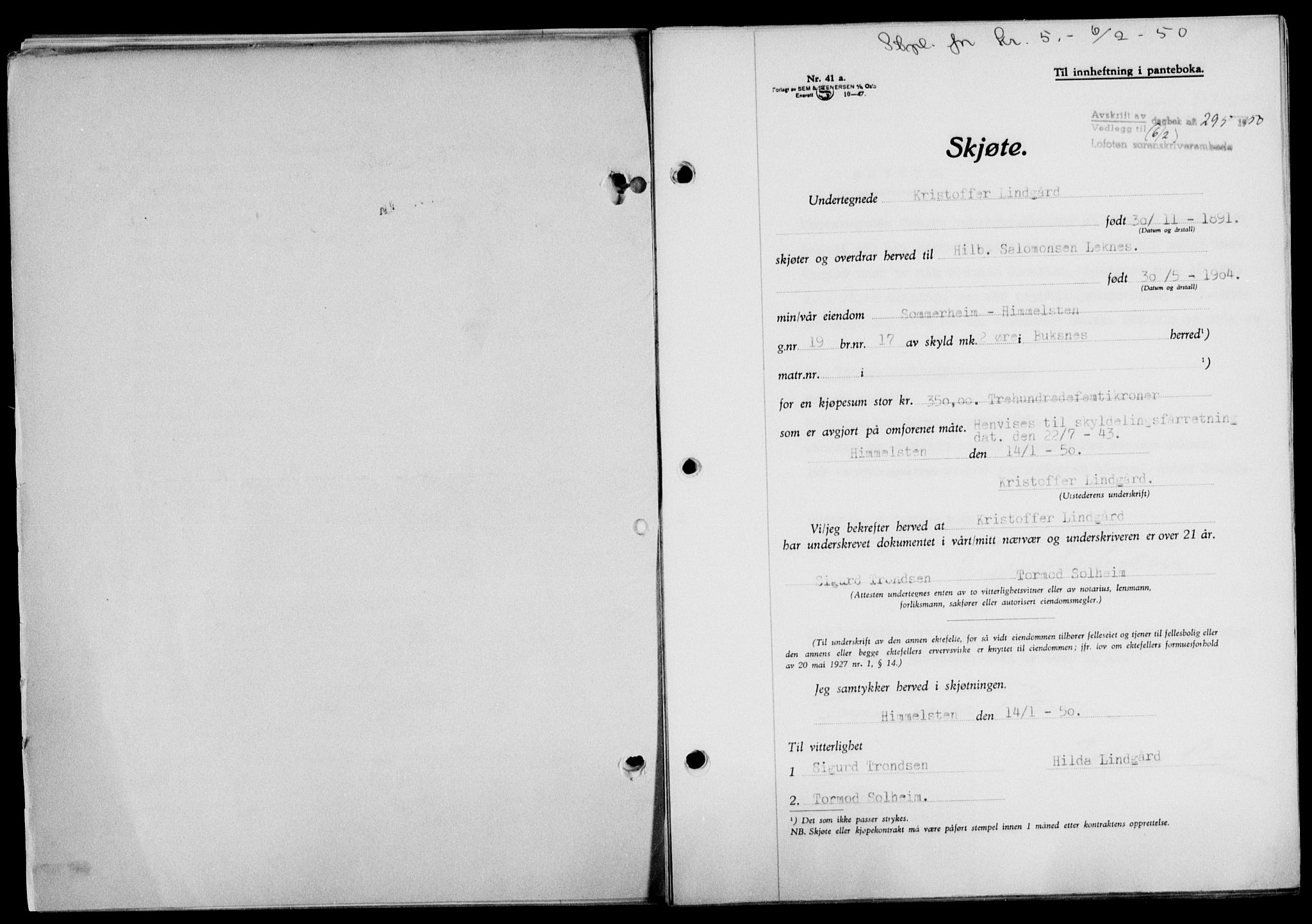 Lofoten sorenskriveri, SAT/A-0017/1/2/2C/L0023a: Mortgage book no. 23a, 1950-1950, Diary no: : 295/1950