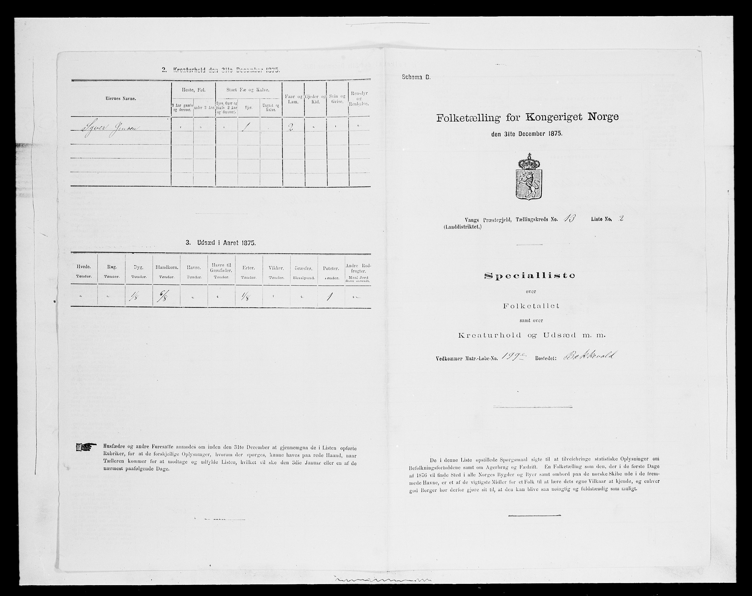 SAH, 1875 census for 0414L Vang/Vang og Furnes, 1875, p. 2833